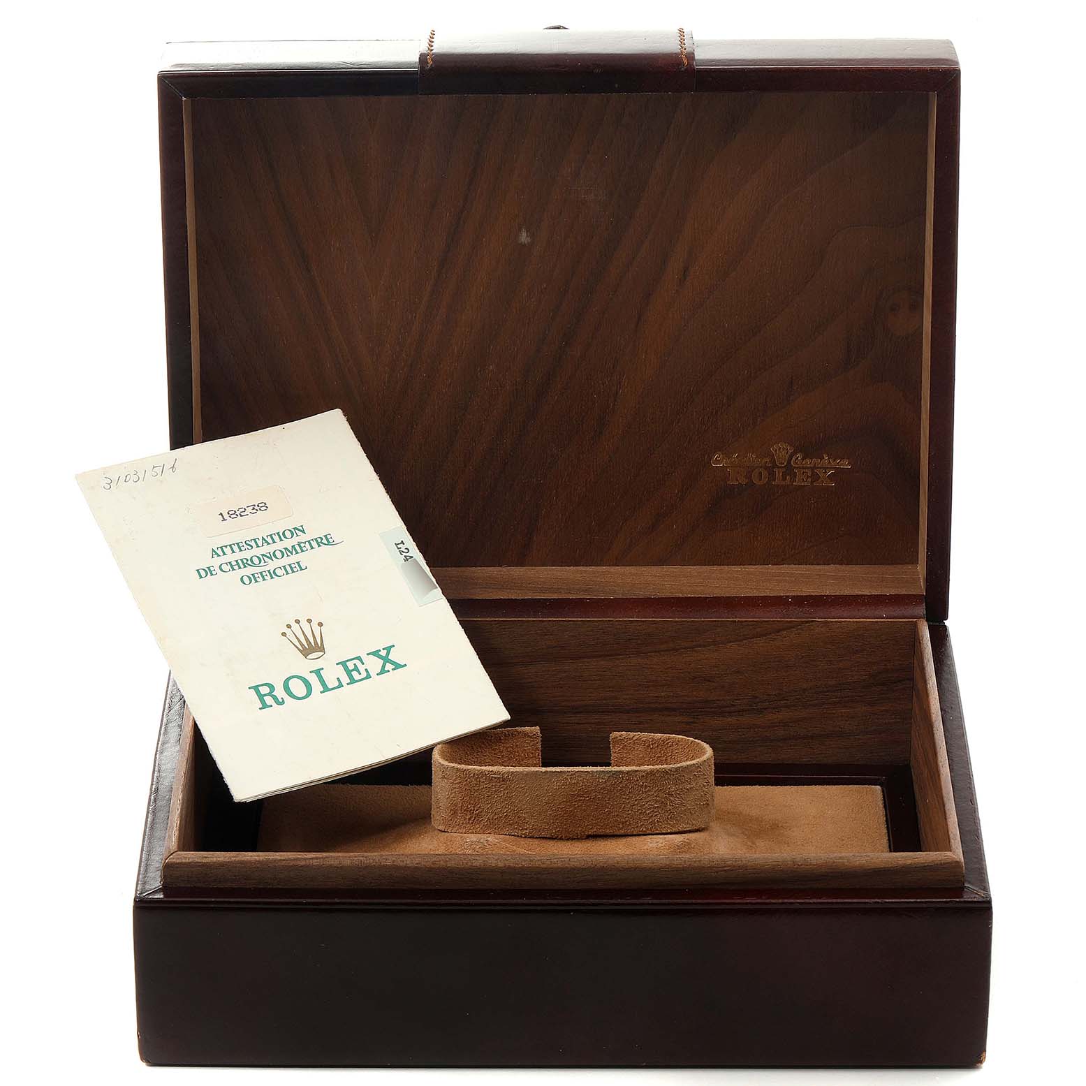 The image shows a wooden Rolex President 18238 Men
s Yellow Gold Champagne Dial 18238 Men
s Yellow Gold Champagne Dial model watch box with an official chronometer certificate and a watch holder inside.