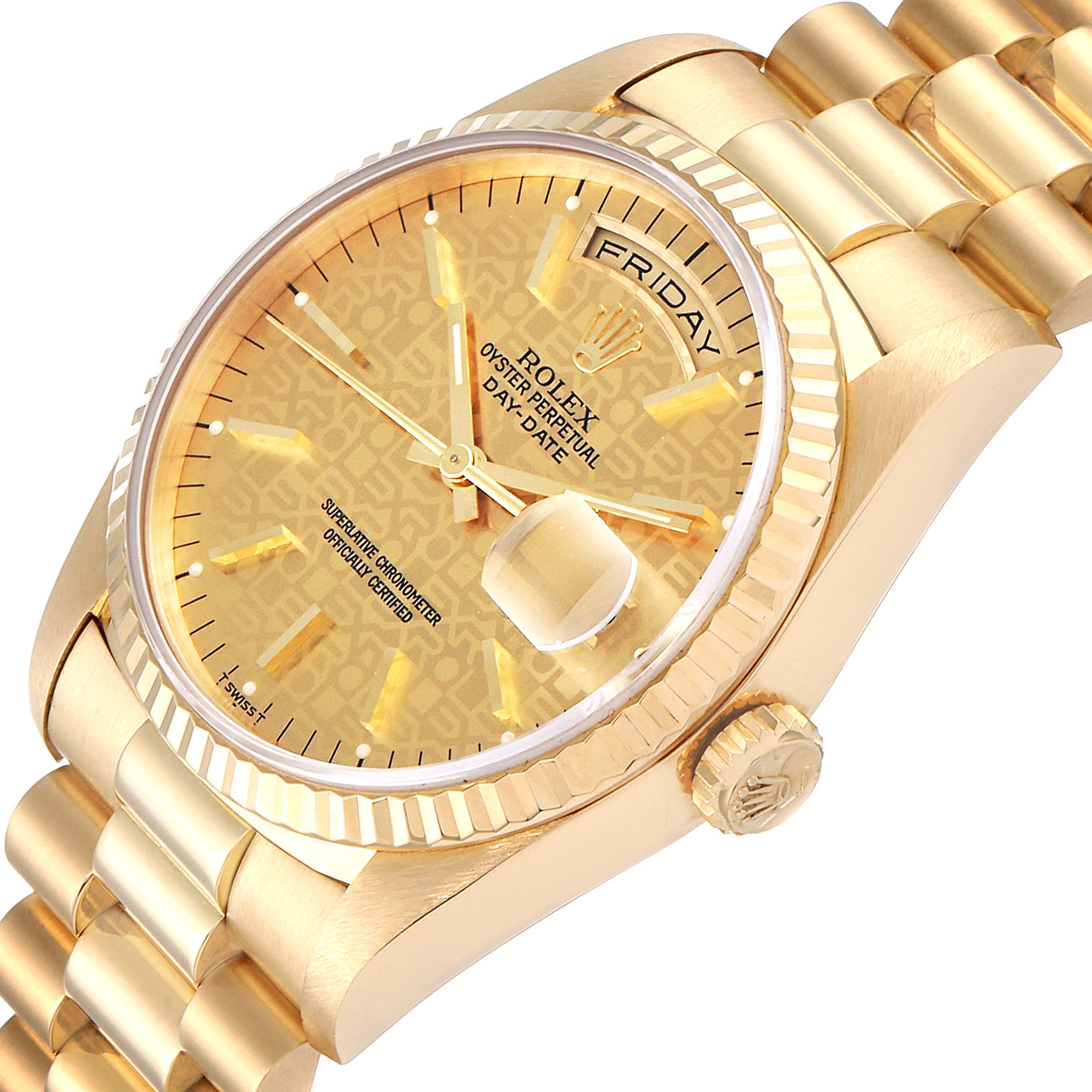 The image shows a close-up of the dial, bezel, crown, and part of the bracelet of a Rolex President 18238 Men
s Yellow Gold Champagne Dial 18238 Men
s Yellow Gold Champagne Dial model watch.