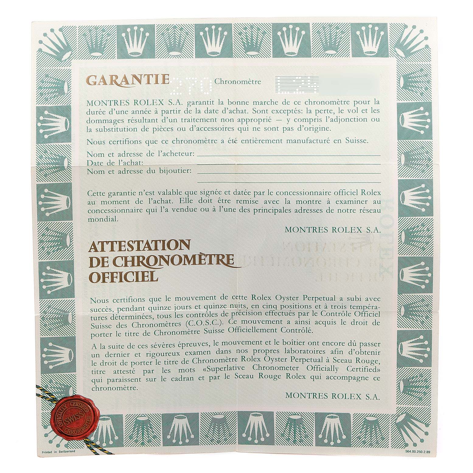 The image shows a guarantee and certification document for the Rolex President 18238 Men
s Yellow Gold Champagne Dial 18238 Men
s Yellow Gold Champagne Dial model watch.