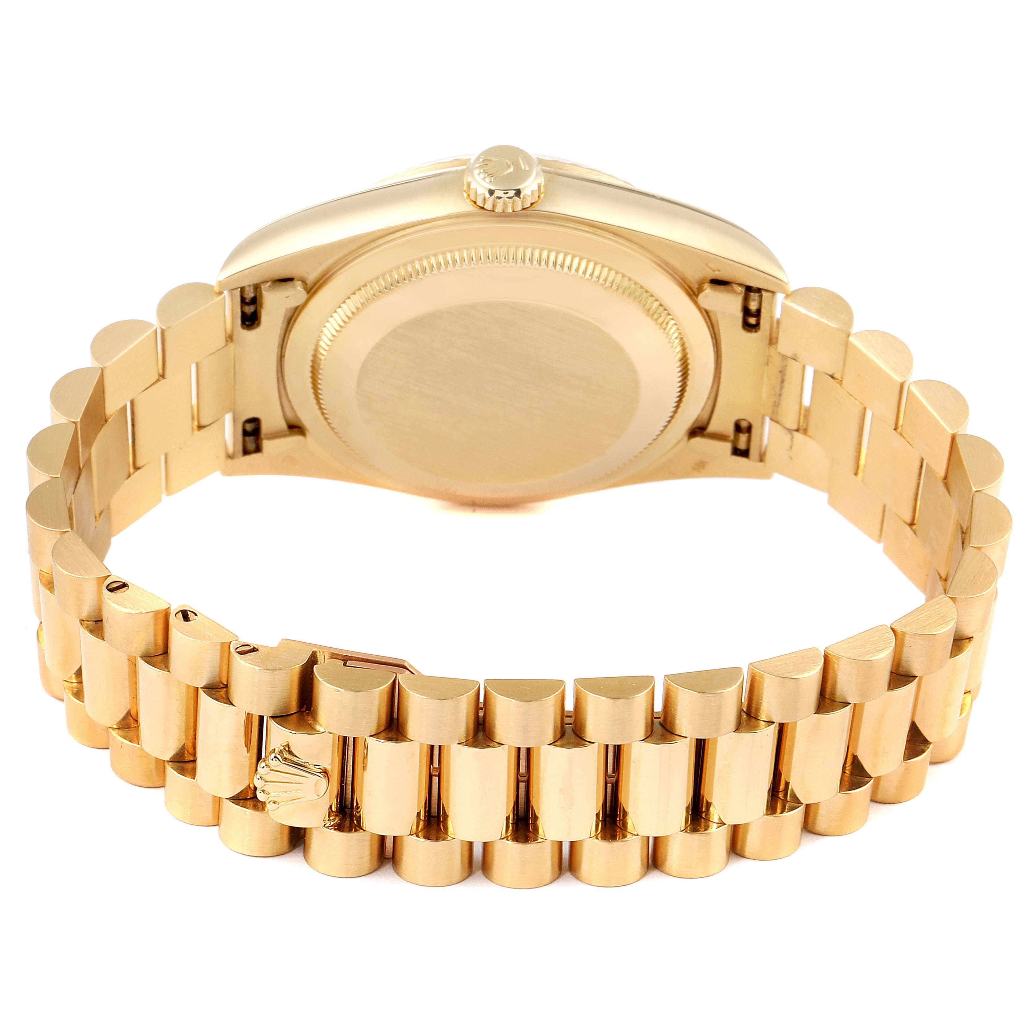 The image shows the back and bracelet of a Rolex President 18238 Men
s Yellow Gold Champagne Dial 18238 Men
s Yellow Gold Champagne Dial model watch.