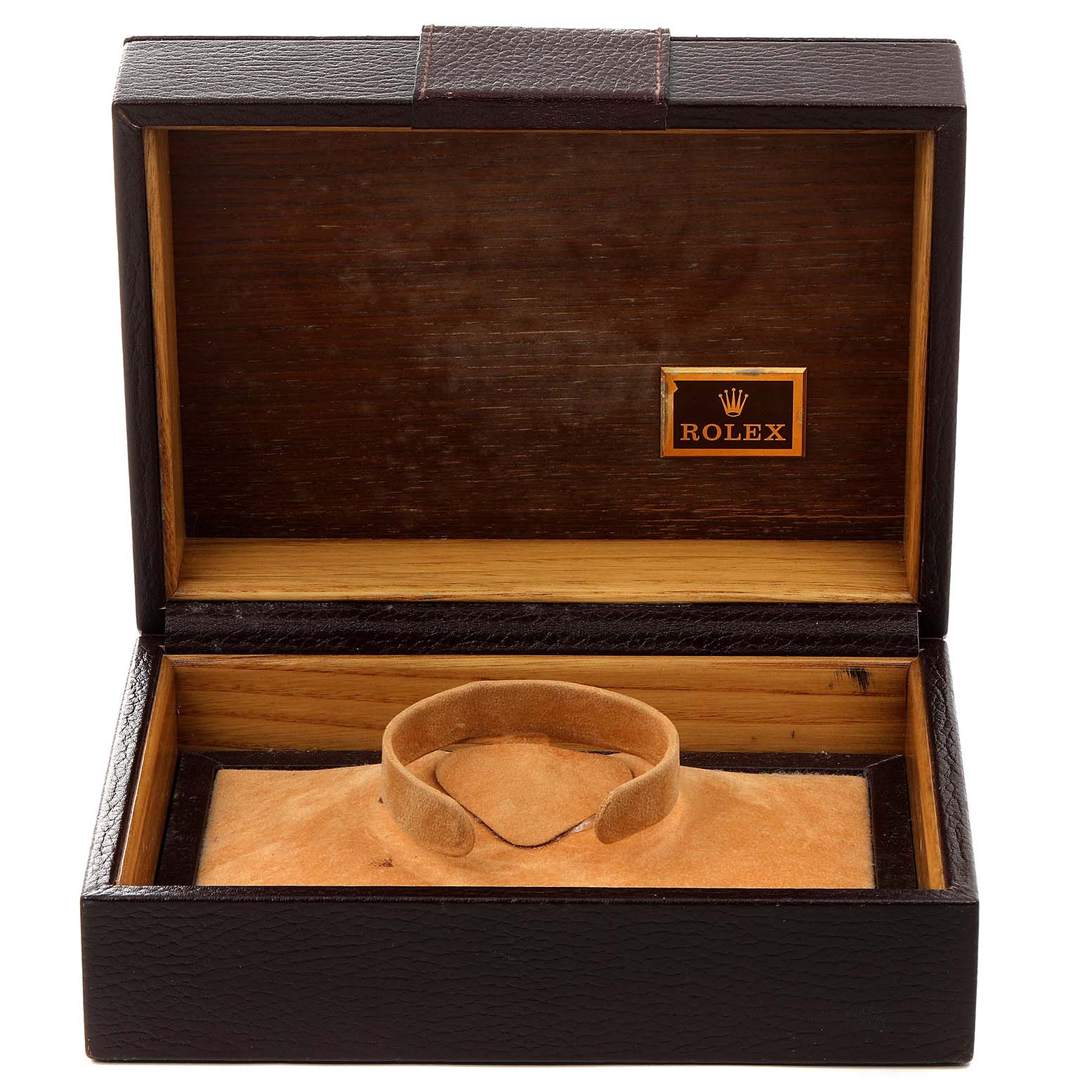 The image shows an open Rolex President 18238 Men
s Yellow Gold Champagne Dial 18238 Men
s Yellow Gold Champagne Dial watch box with a cushion inside viewed from the front angle.