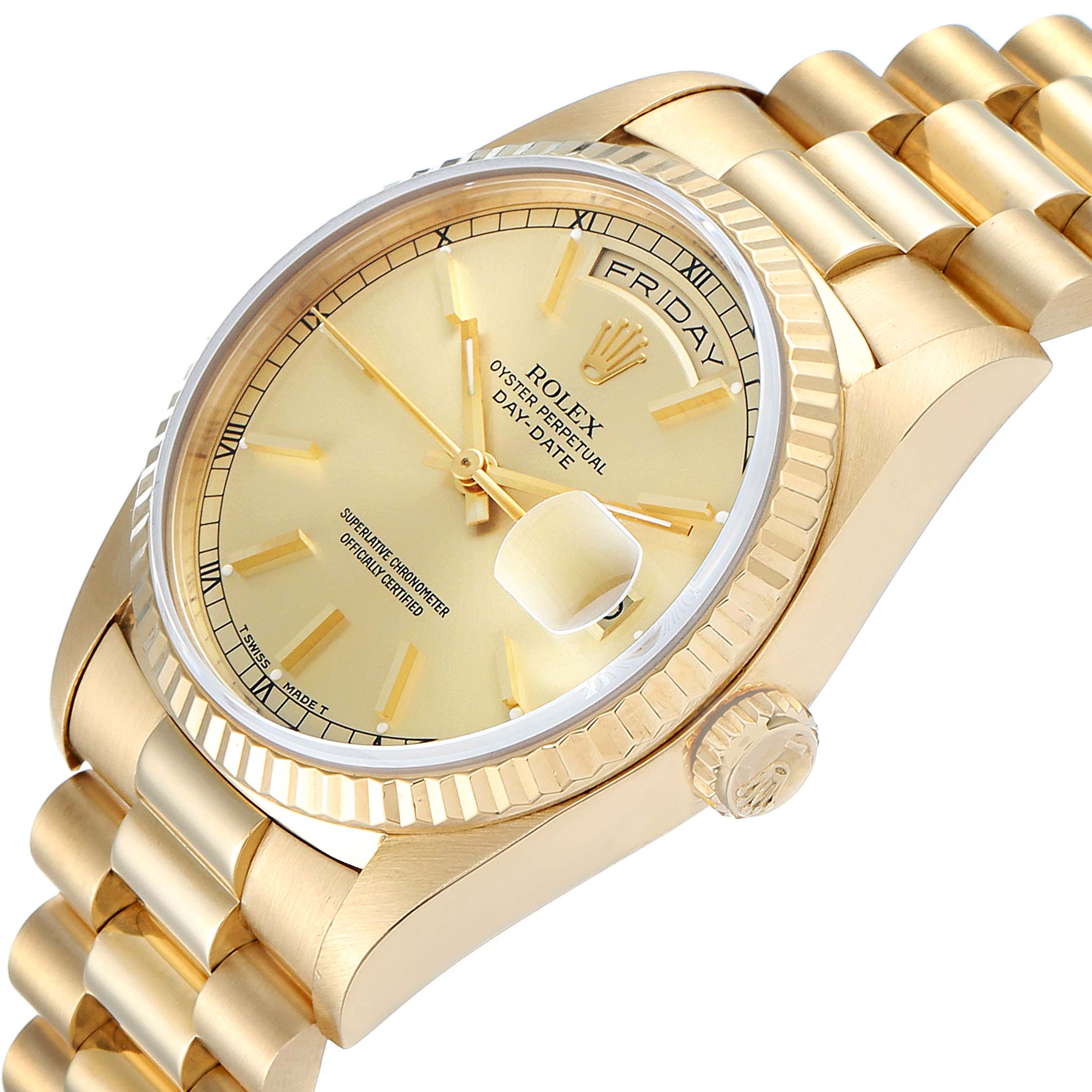 The image shows a side view of the Rolex President 18238 Men
s Yellow Gold Champagne Dial 18238 Men
s Yellow Gold Champagne Dial model, highlighting the gold case, fluted bezel, dial, day and date windows, and bracelet.