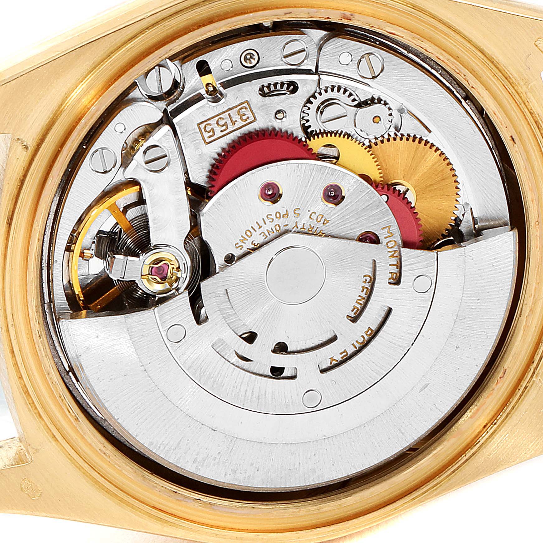 The image shows the internal mechanism of a Rolex President 18238 Men
s Yellow Gold Champagne Dial 18238 Men
s Yellow Gold Champagne Dial model watch from a back angle.