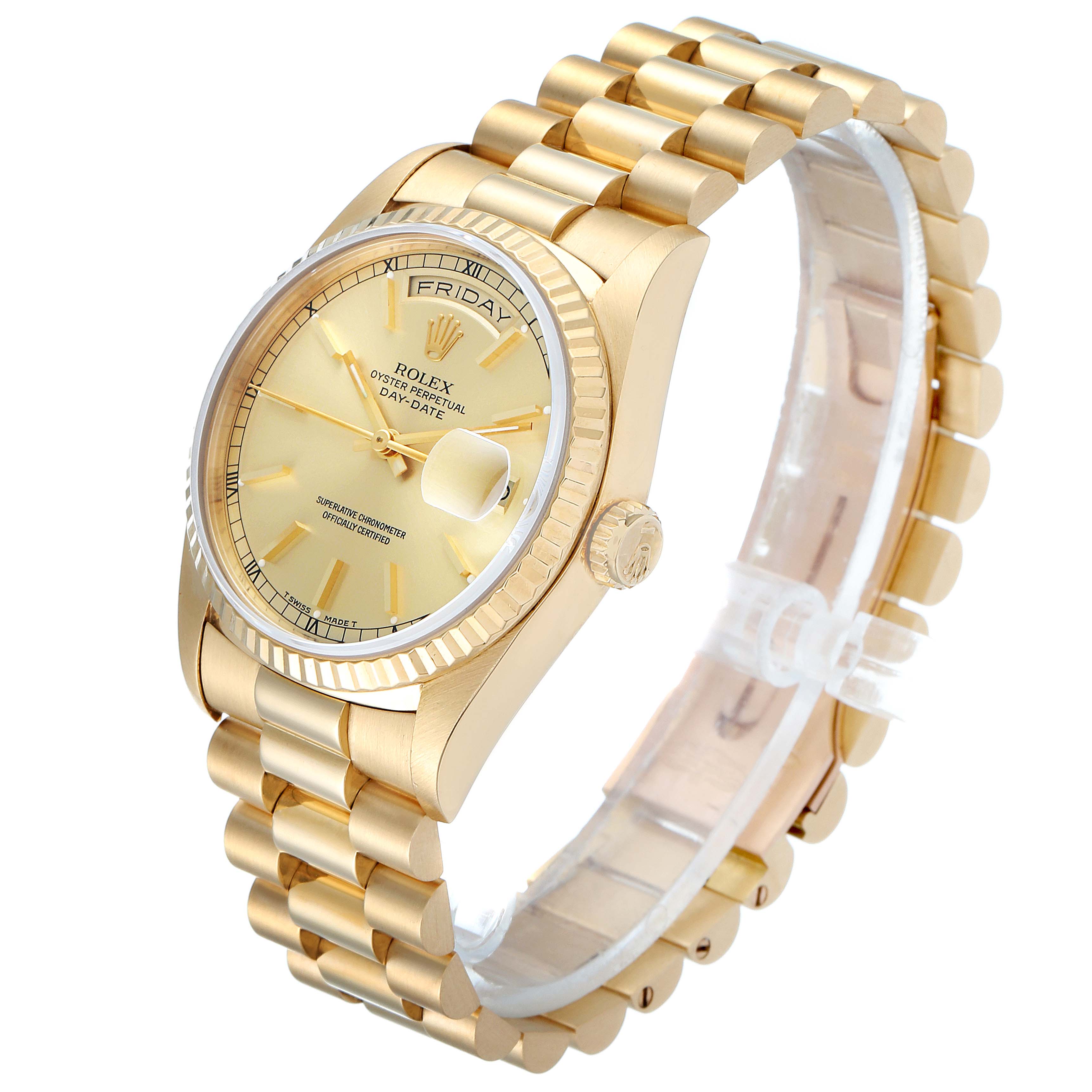 The Rolex President 18238 Men
s Yellow Gold Champagne Dial 18238 Men
s Yellow Gold Champagne Dial model watch is shown at a three-quarter angle, highlighting its gold case, fluted bezel, dial, and President bracelet.