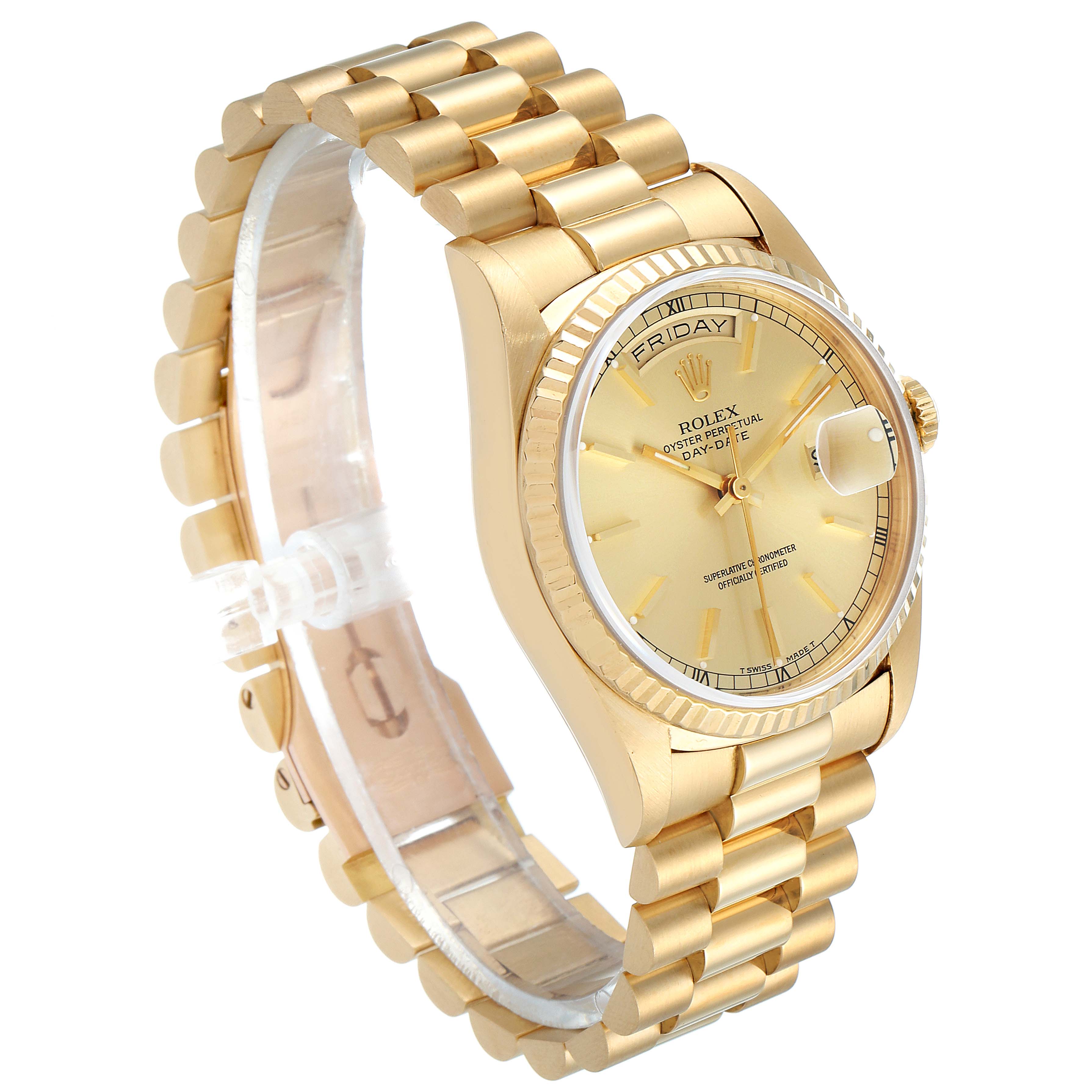 The Rolex President 18238 Men
s Yellow Gold Champagne Dial 18238 Men
s Yellow Gold Champagne Dial model is shown at a three-quarter angle, highlighting the gold bracelet, case, dial, and day-date display.
