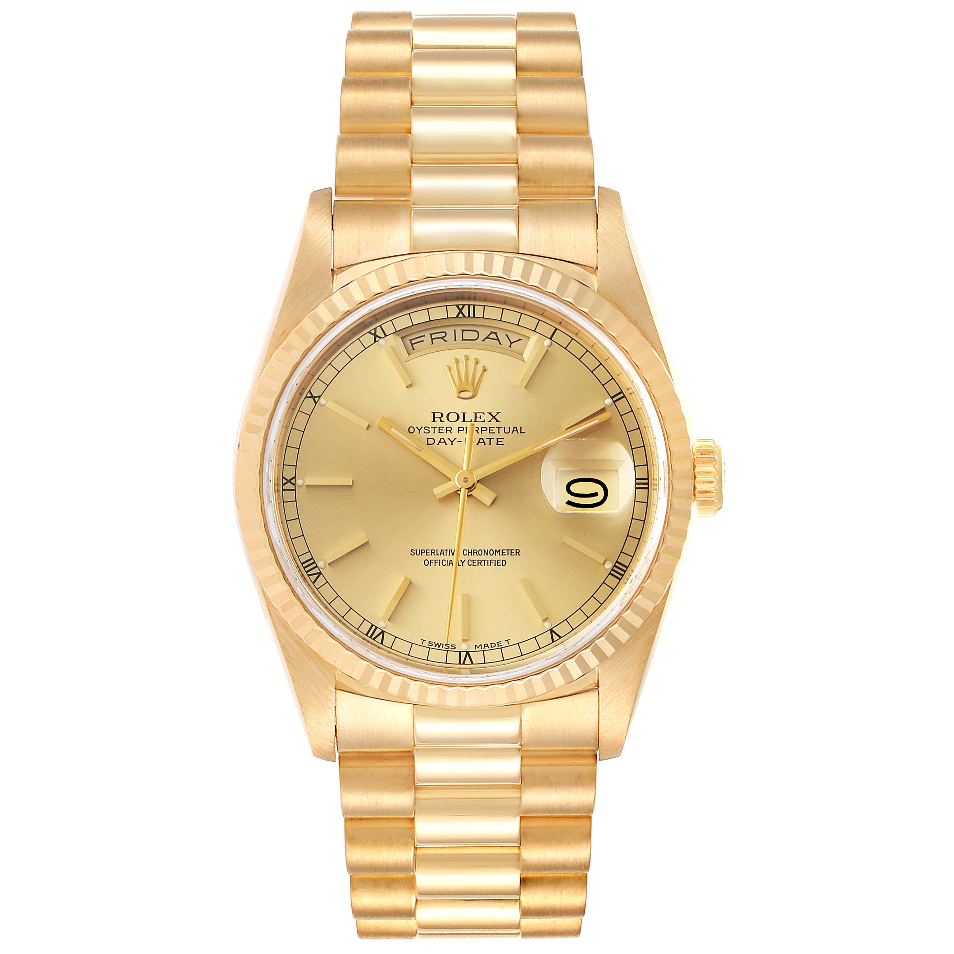 This image shows a front view of the Rolex President 18238 Men
s Yellow Gold Champagne Dial 18238 Men
s Yellow Gold Champagne Dial model, displaying its gold case, dial, bracelet, crown, and date window.