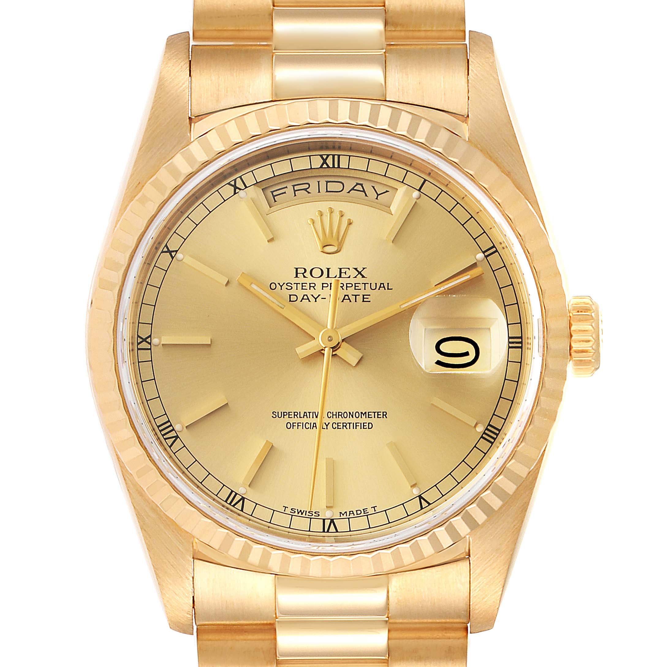 This is a frontal view of the Rolex President 18238 Men
s Yellow Gold Champagne Dial 18238 Men
s Yellow Gold Champagne Dial model watch, showcasing its dial, bracelet, and bezel.