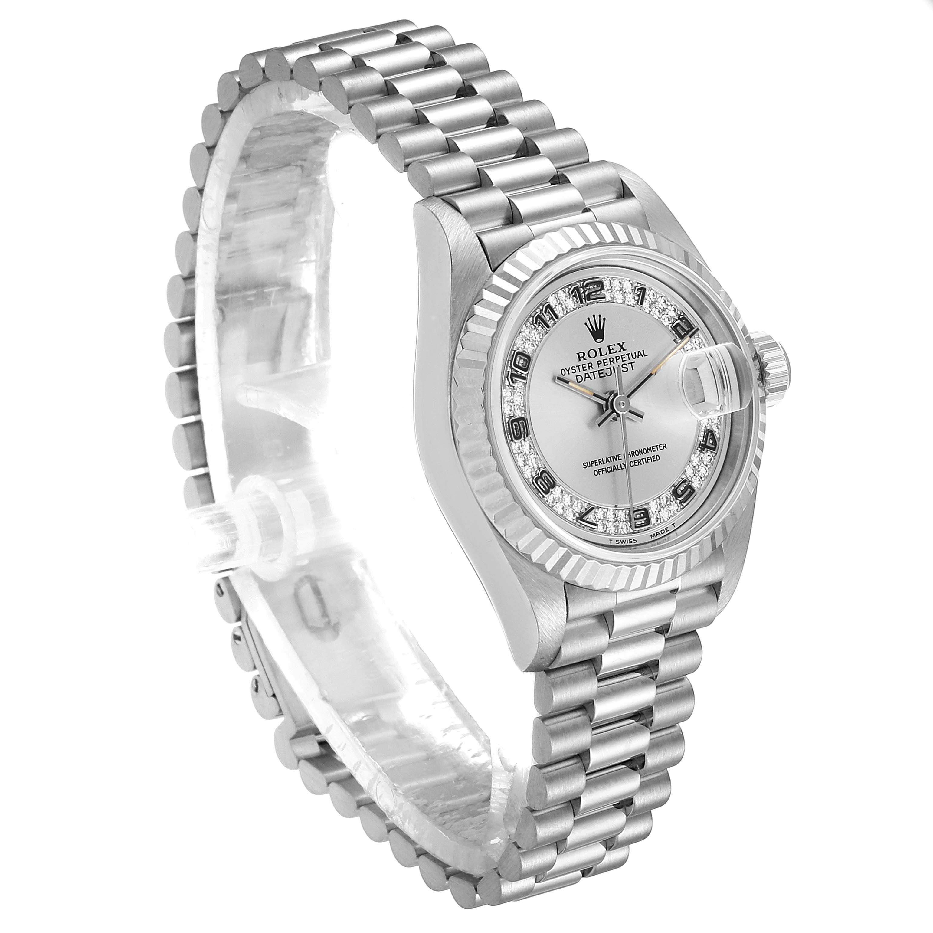 The image shows a side view of the Rolex President 69179 Women's White Gold Silver Dial 69179 Women's White Gold Silver Dial model watch, highlighting its band, dial, and crown.