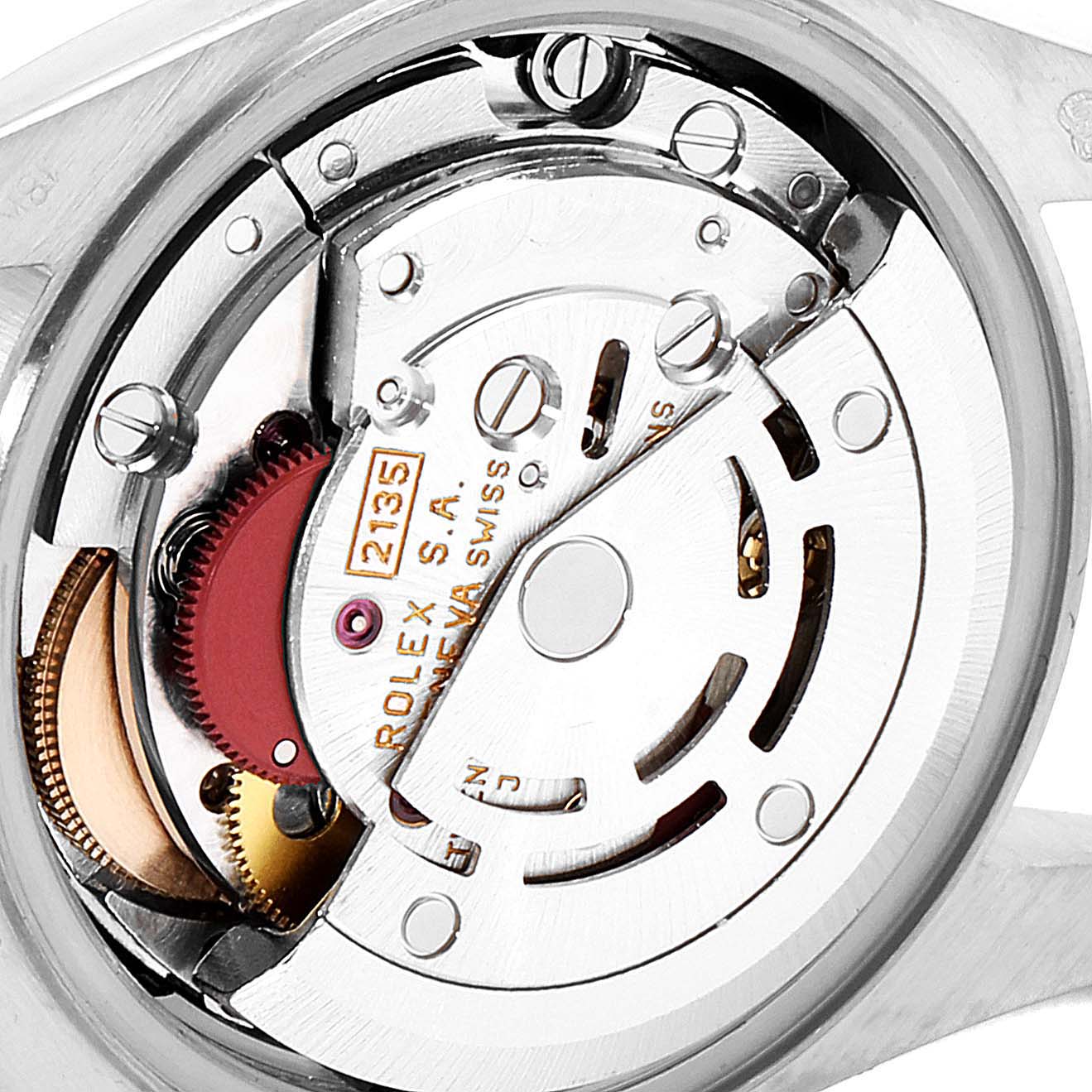 The image shows the internal mechanism of a Rolex President 69179 Women's White Gold Silver Dial 69179 Women's White Gold Silver Dial model watch, focusing on the movement with gears and inscriptions.