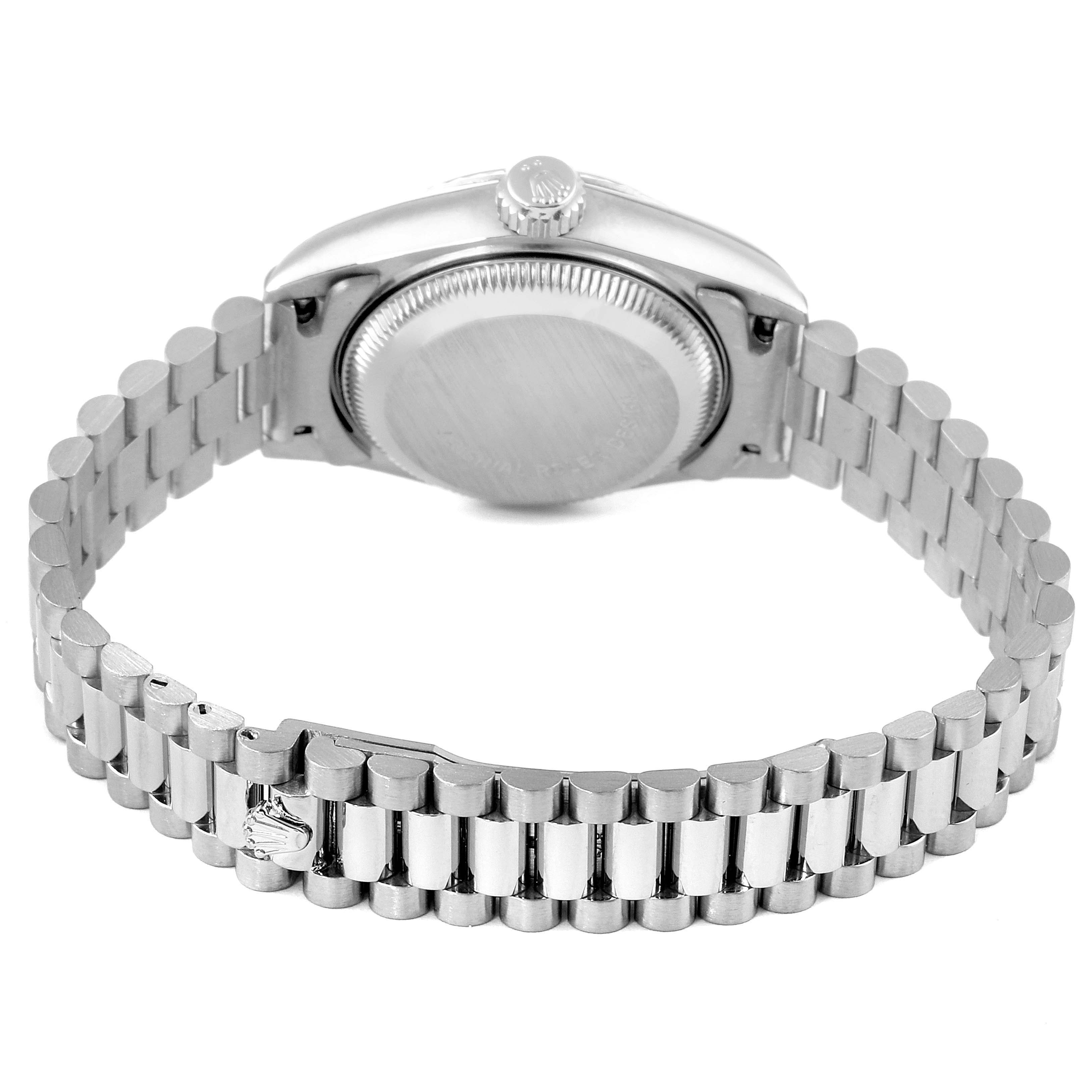 The image shows the back view of a Rolex President 69179 Women's White Gold Silver Dial 69179 Women's White Gold Silver Dial model watch, focusing on the case back and bracelet.