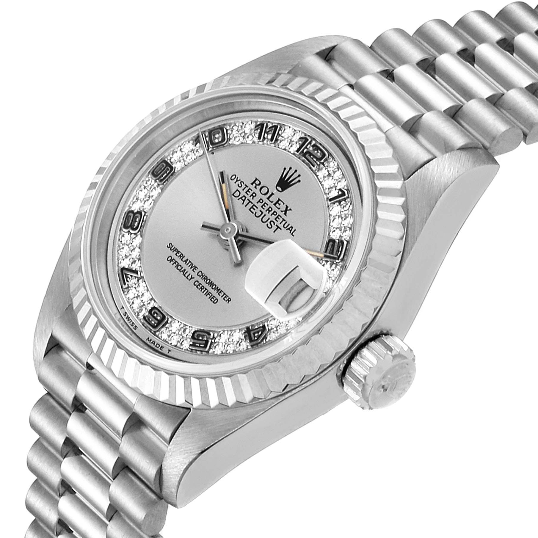 This image shows a close-up angled view of a Rolex President 69179 Women's White Gold Silver Dial 69179 Women's White Gold Silver Dial model watch, highlighting its dial, bezel, and part of the bracelet.