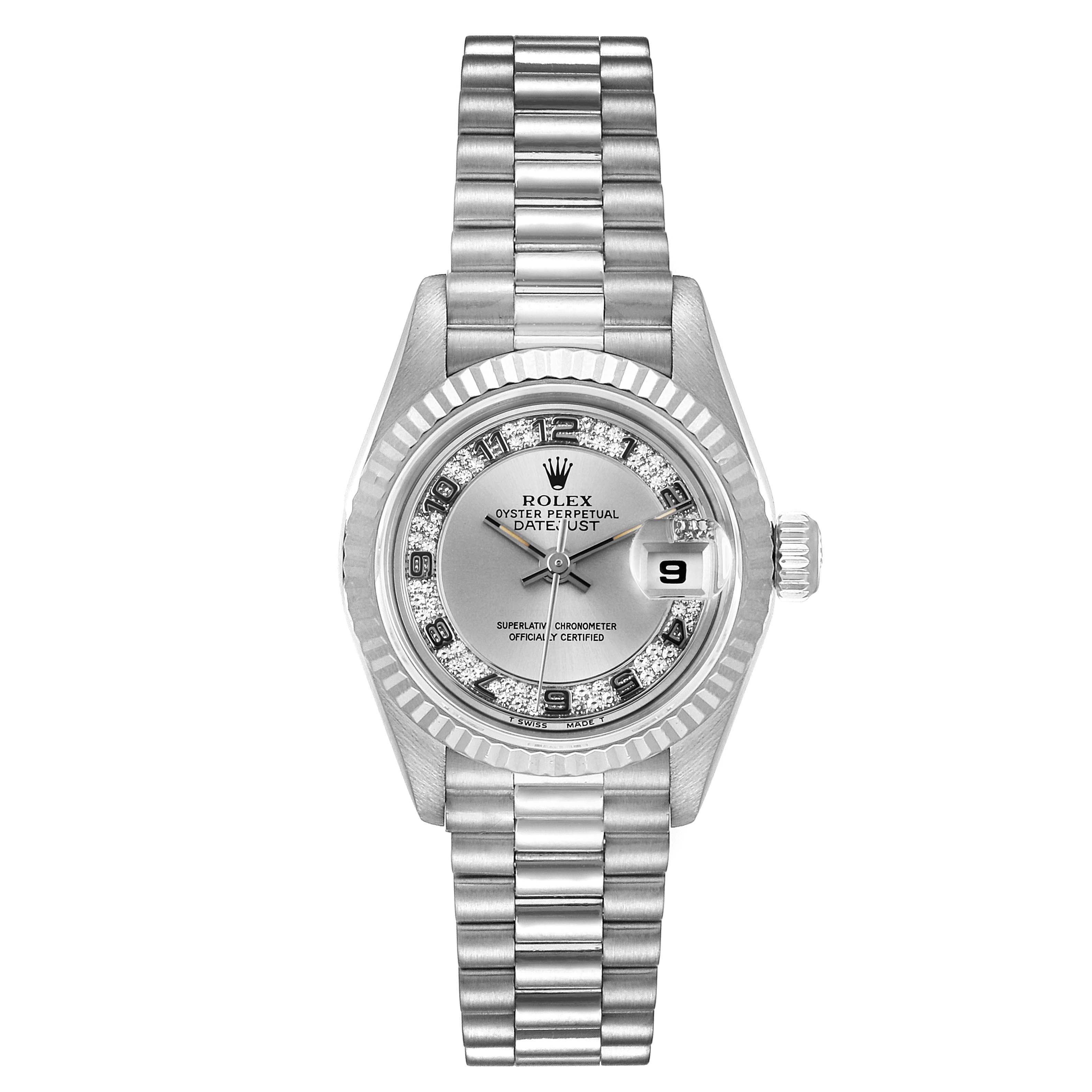 This image shows a Rolex President 69179 Women's White Gold Silver Dial 69179 Women's White Gold Silver Dial model watch from a front angle, showcasing the dial, bezel, bracelet, and crown.