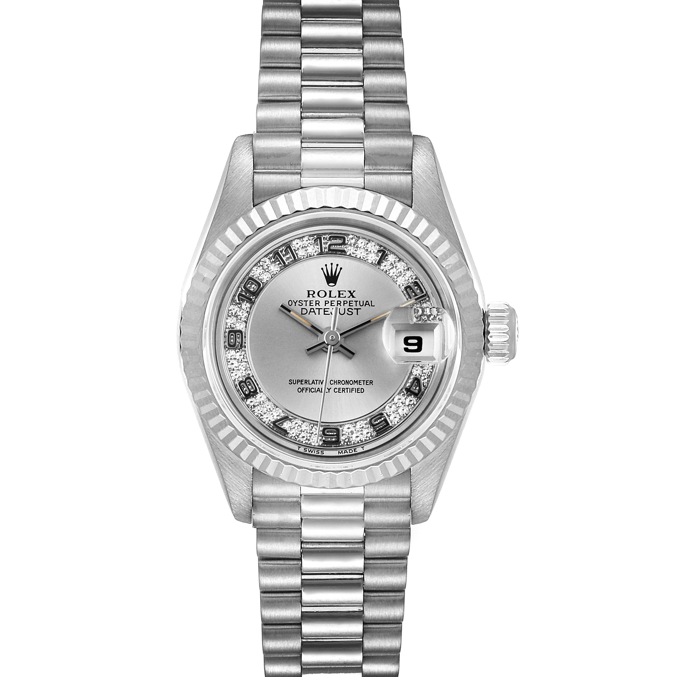 The image shows a frontal view of the Rolex President 69179 Women's White Gold Silver Dial 69179 Women's White Gold Silver Dial model watch, highlighting the dial, bezel, and bracelet.
