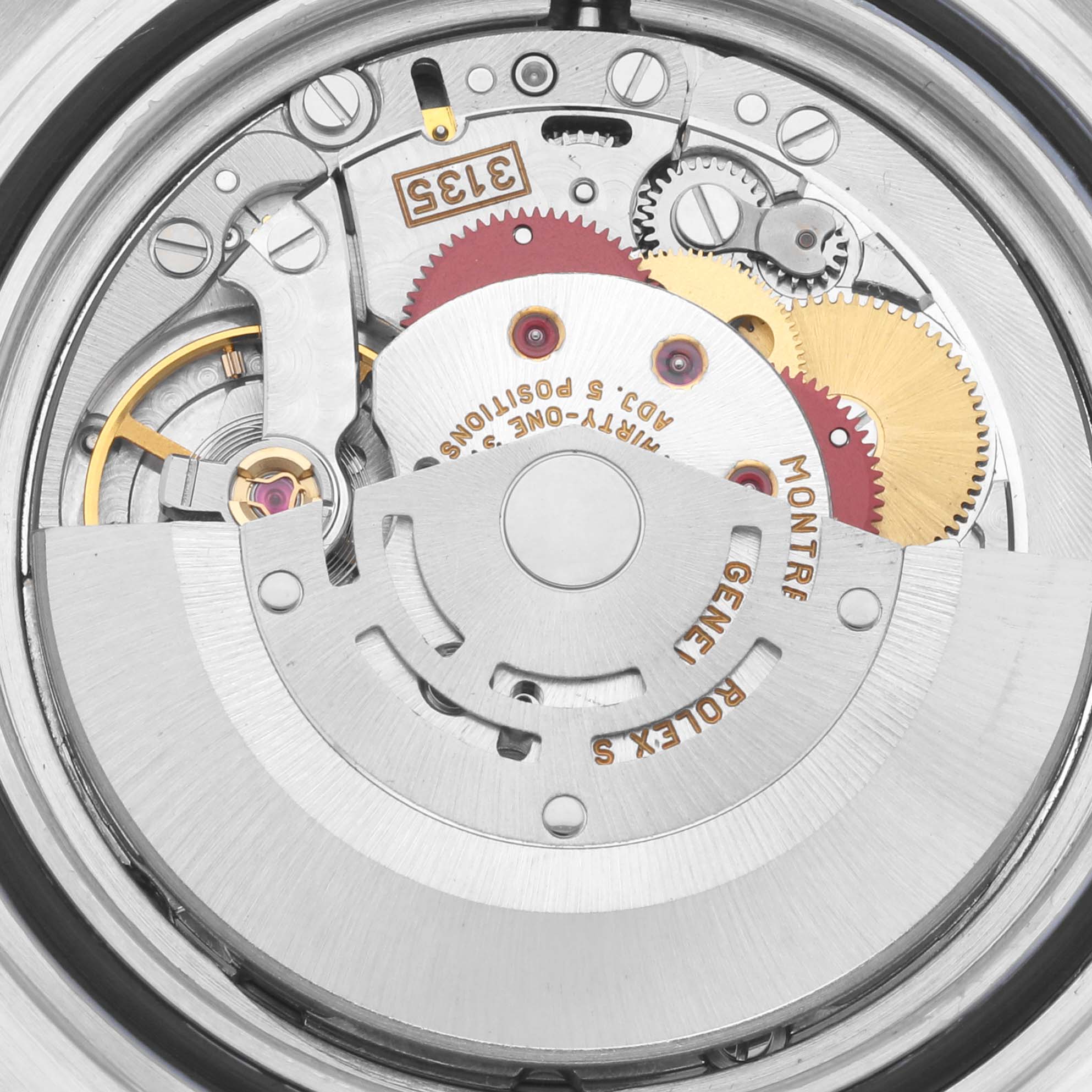 The image shows the intricate movement components of a Rolex Submariner 16613 Men's Steel and Gold (two tone) Blue Dial 16613 Men's Steel and Gold (two tone) Blue Dial watch from a top-down angle.