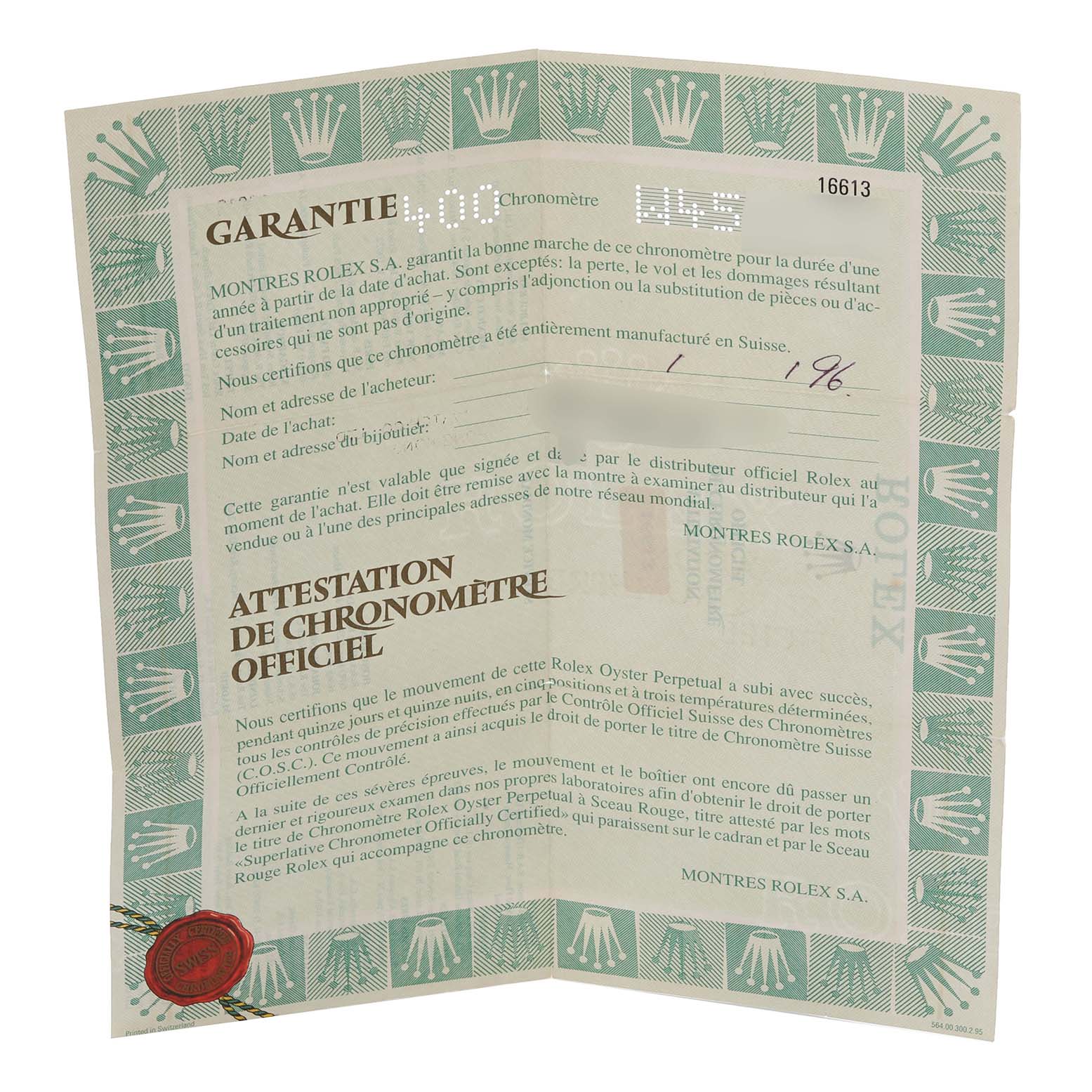 This image shows the warranty and chronometer certification for the Rolex Submariner 16613 Men's Steel and Gold (two tone) Blue Dial 16613 Men's Steel and Gold (two tone) Blue Dial.