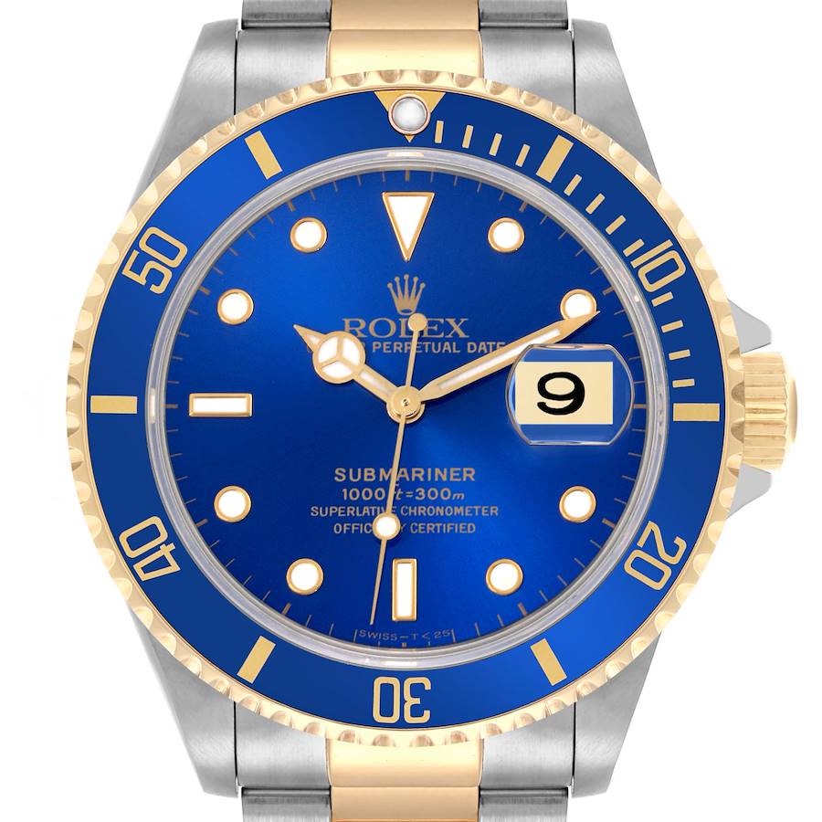 The Rolex Submariner is shown from a front angle, displaying its blue dial, bezel, and two-tone bracelet.