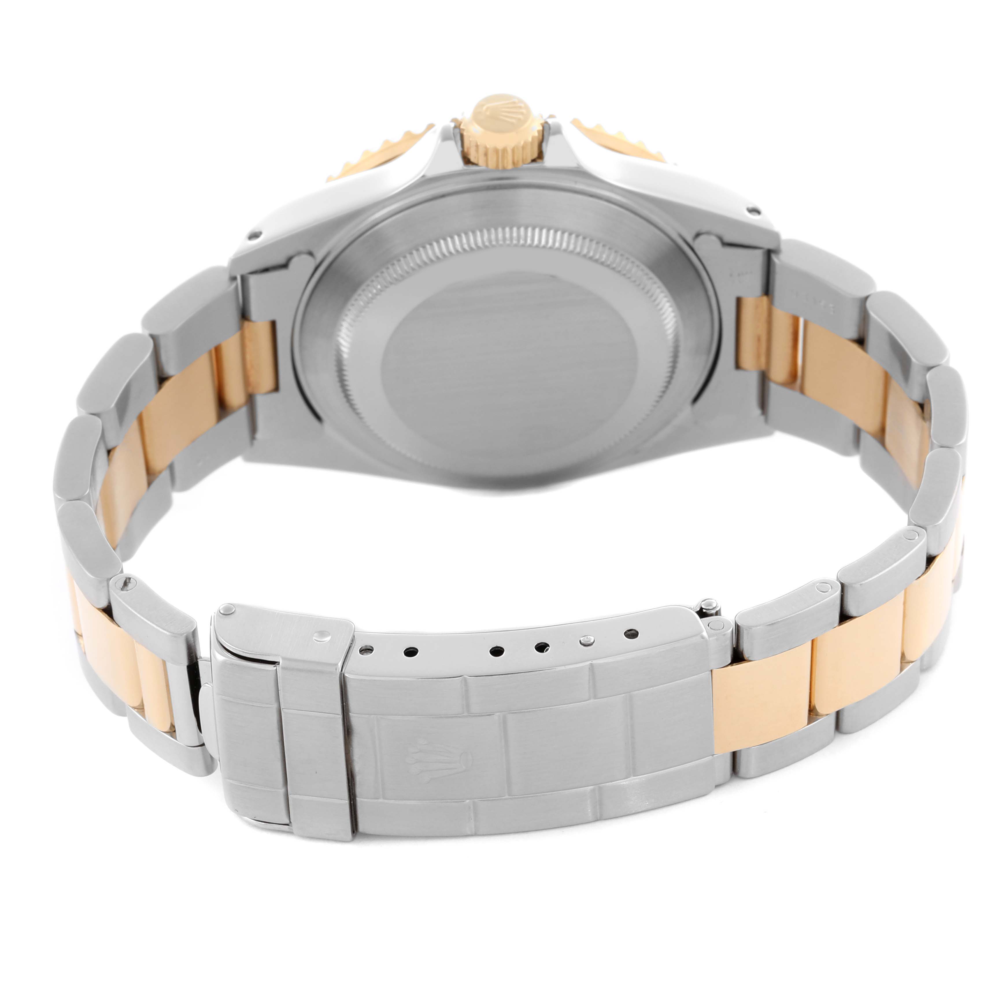 The image shows the back case and bracelet of a Rolex Submariner 16613 Men's Steel and Gold (two tone) Blue Dial 16613 Men's Steel and Gold (two tone) Blue Dial, focusing on the clasp and crown.