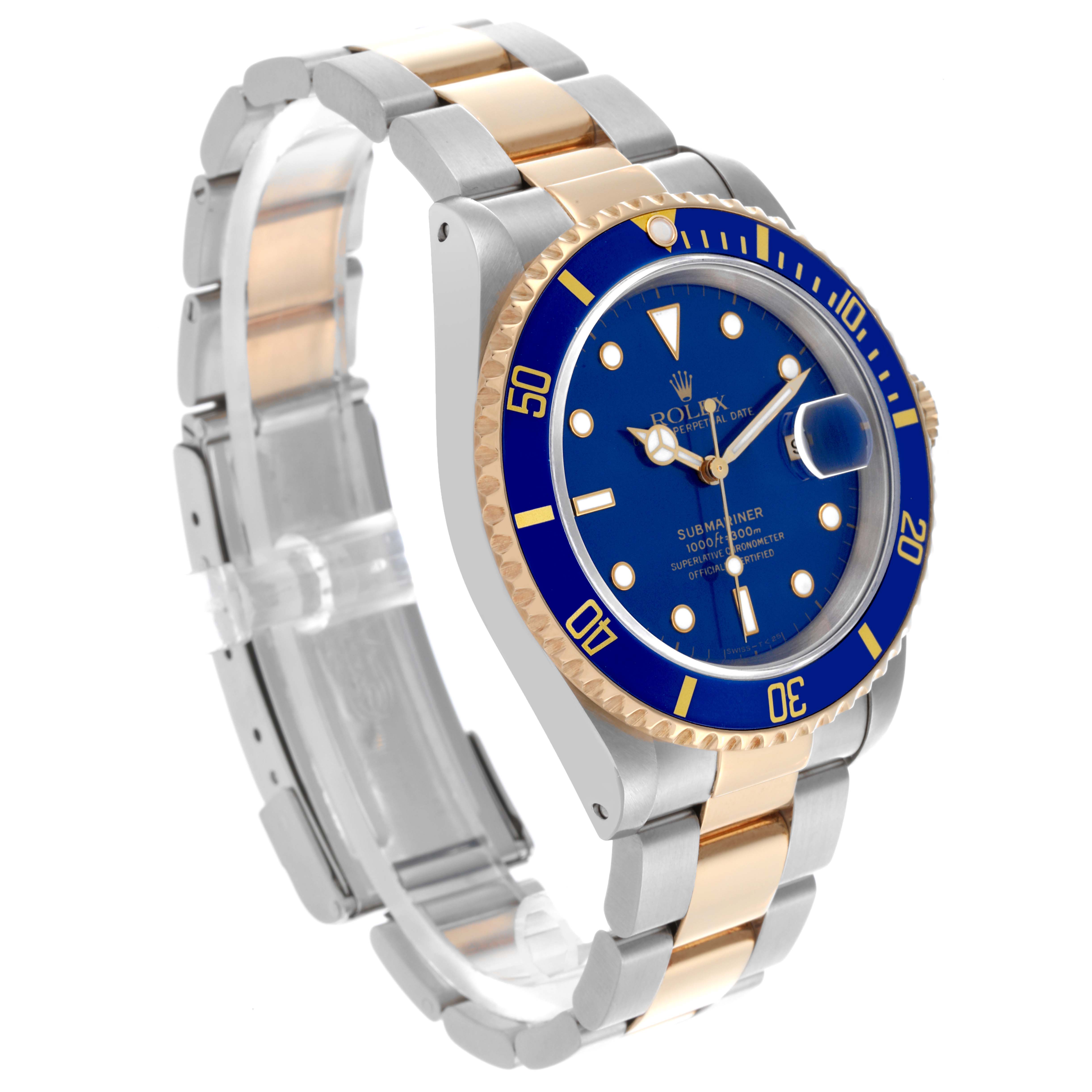 The Rolex Submariner 16613 Men's Steel and Gold (two tone) Blue Dial 16613 Men's Steel and Gold (two tone) Blue Dial watch is shown at a slight angle displaying the face, bezel, crown, and part of the bracelet.