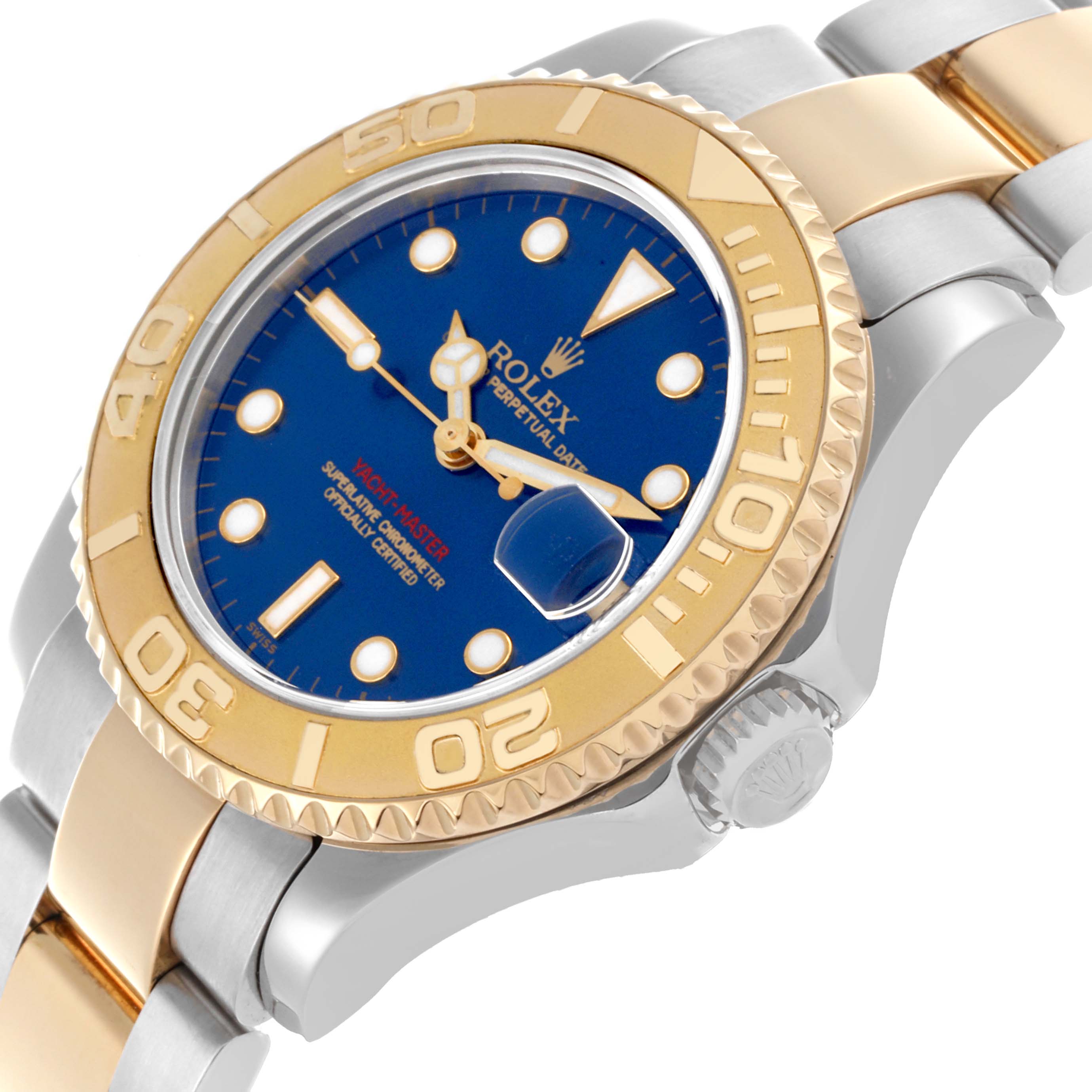 The Rolex Yacht-Master 68623 Men's Steel and Gold (two tone) Blue Dial 68623 Men's Steel and Gold (two tone) Blue Dial is shown at an angled view, highlighting the bezel, dial, crown, and part of the bracelet.