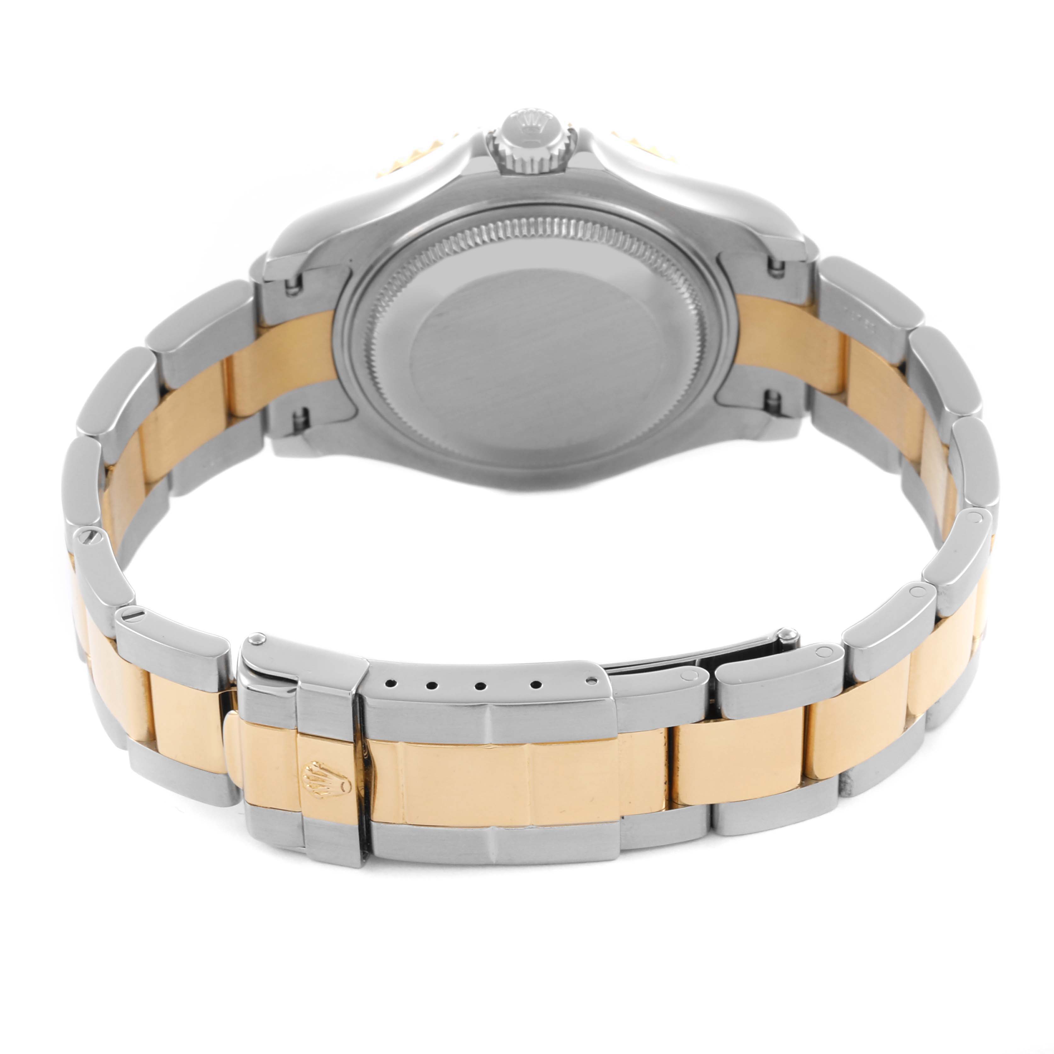 The image shows the back case and bracelet of the Rolex Yacht-Master 68623 Men's Steel and Gold (two tone) Blue Dial 68623 Men's Steel and Gold (two tone) Blue Dial, highlighting its two-tone metal links.