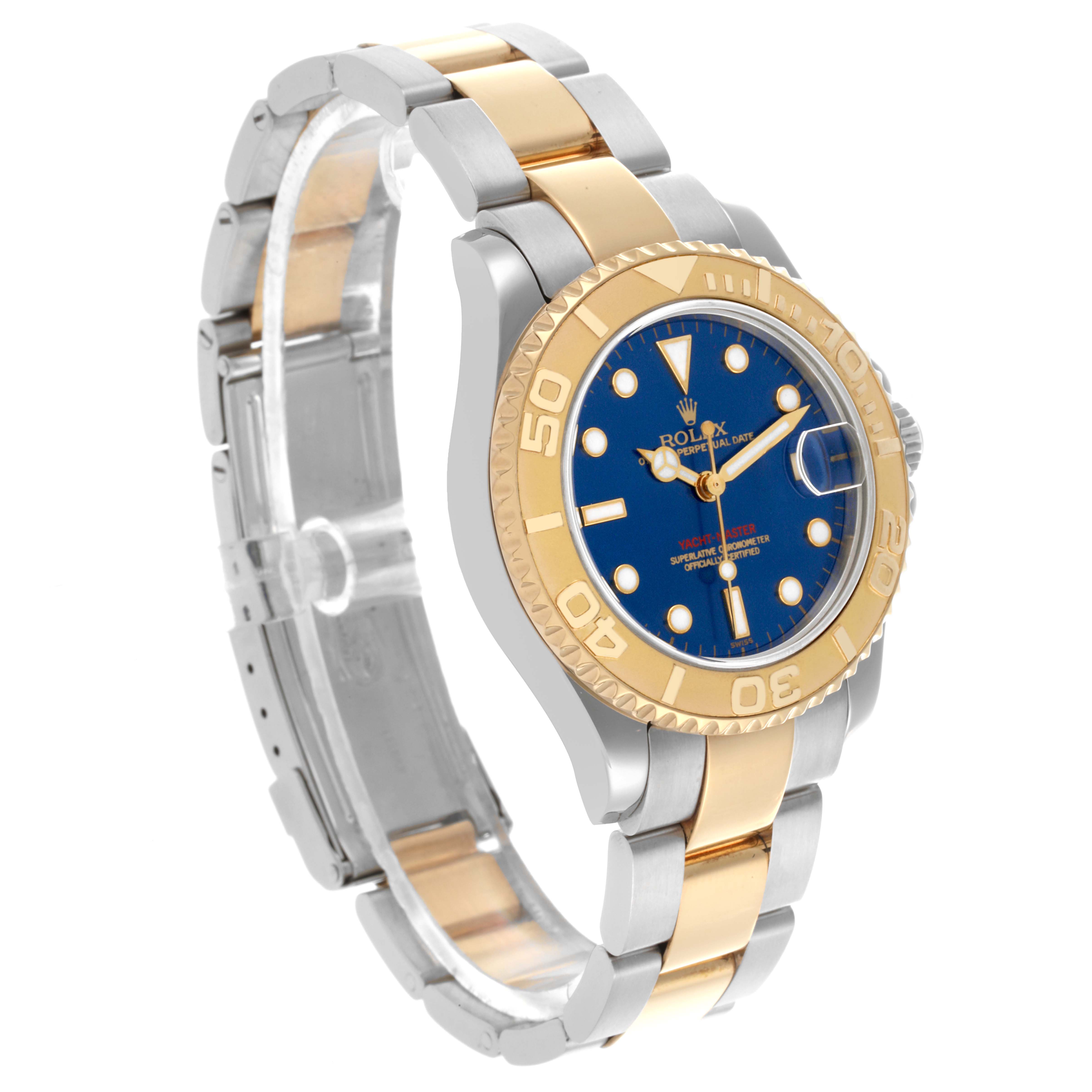The Rolex Yacht-Master 68623 Men's Steel and Gold (two tone) Blue Dial 68623 Men's Steel and Gold (two tone) Blue Dial watch is shown at an angle highlighting the dial, bezel, and bracelet.