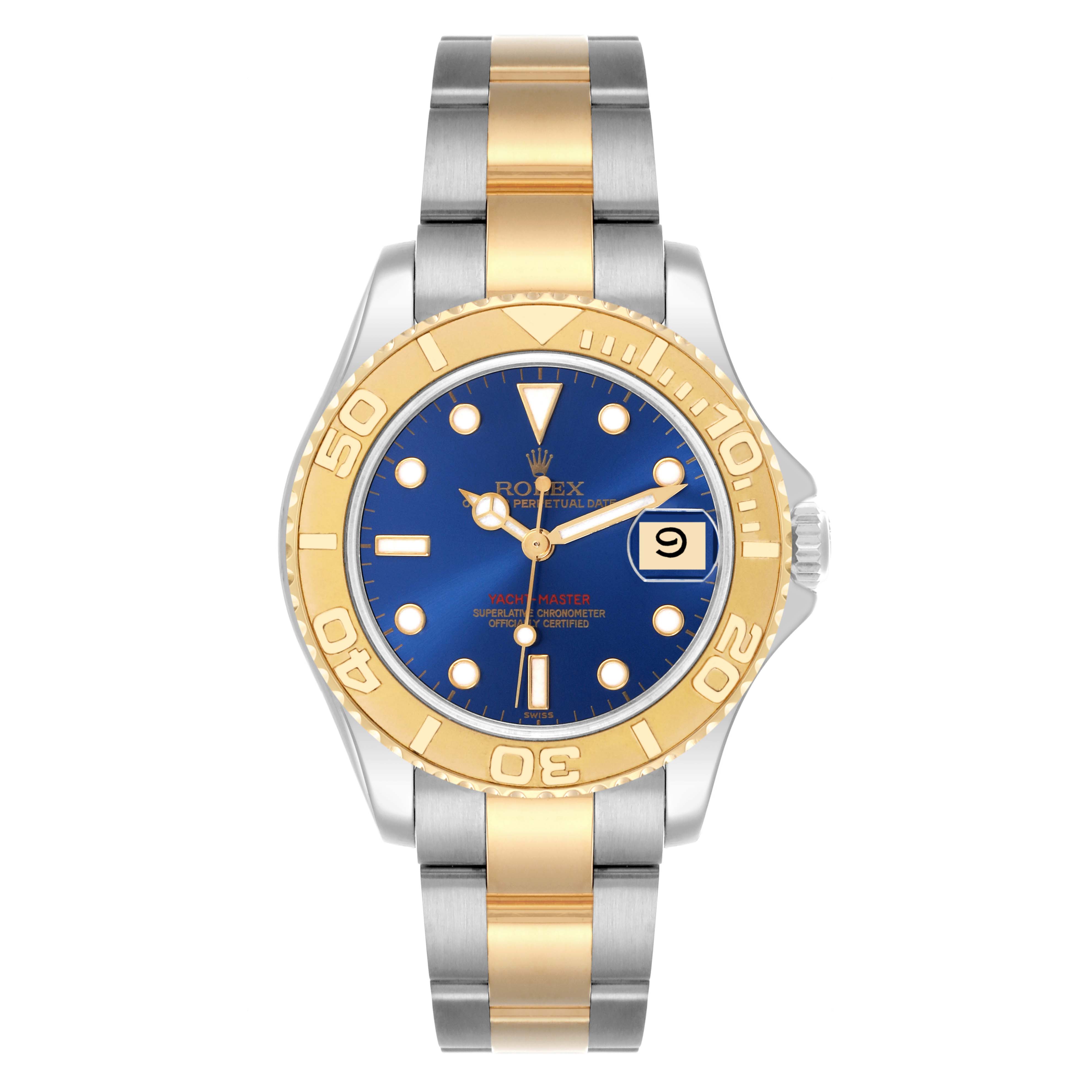 The Rolex Yacht-Master 68623 Men's Steel and Gold (two tone) Blue Dial 68623 Men's Steel and Gold (two tone) Blue Dial watch is shown from the front, displaying its face, bezel, and bracelet.
