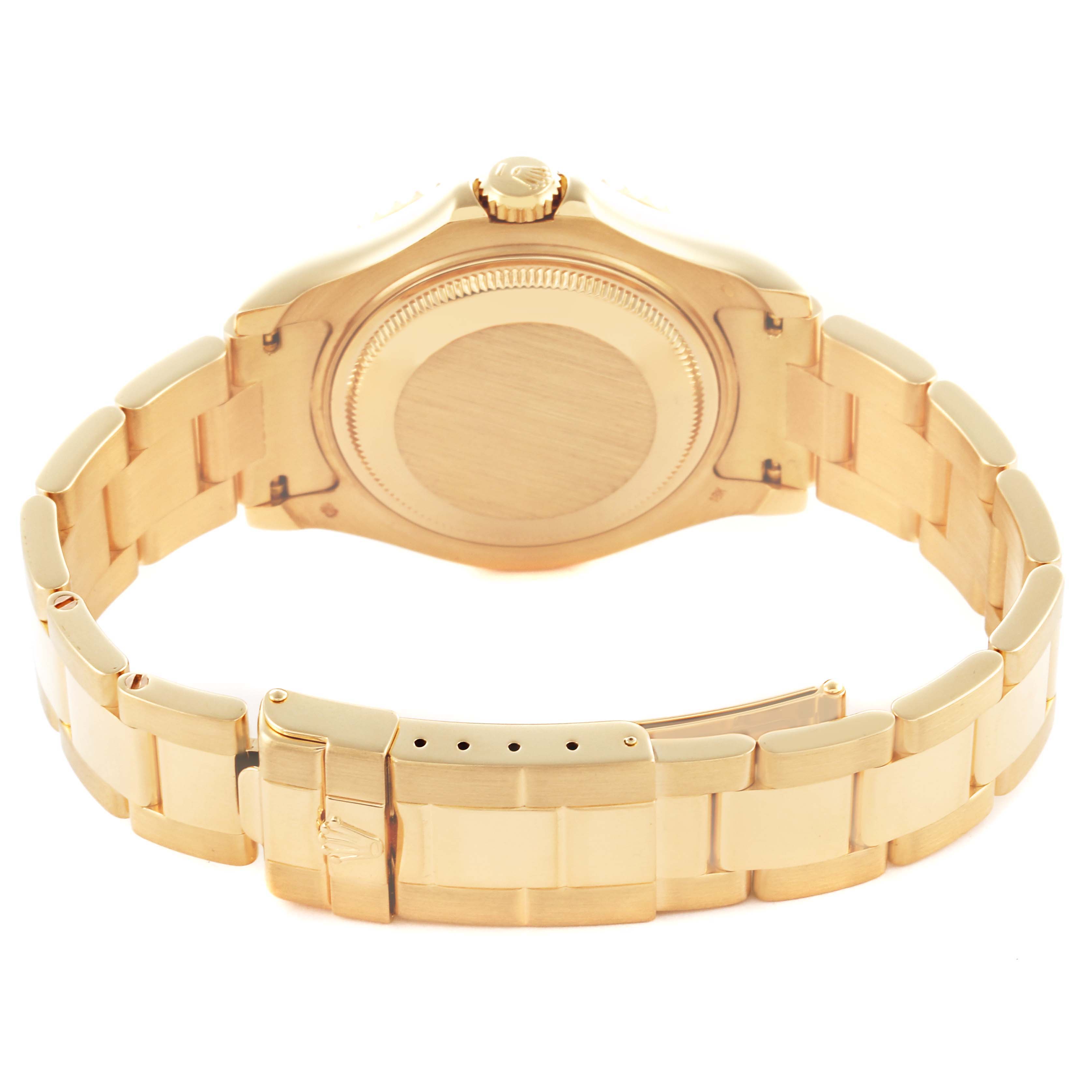 The image shows the back case and bracelet of the Rolex Yacht-Master 68628 Men's Yellow Gold White Dial 68628 Men's Yellow Gold White Dial, highlighting the clasp and links from a rear angle.