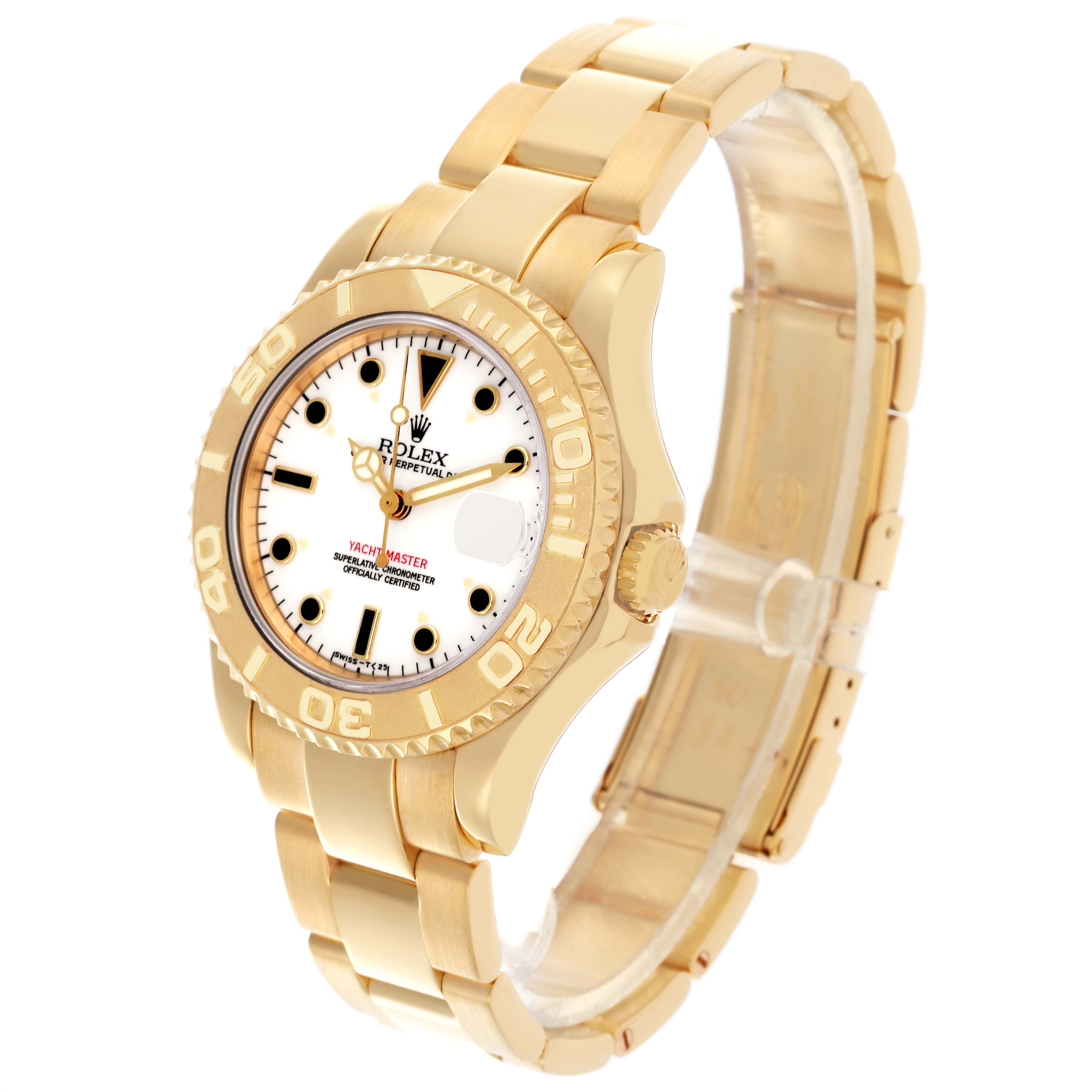The Rolex Yacht-Master 68628 Men's Yellow Gold White Dial 68628 Men's Yellow Gold White Dial watch is shown at a three-quarter angle, displaying the dial, bezel, crown, and bracelet.