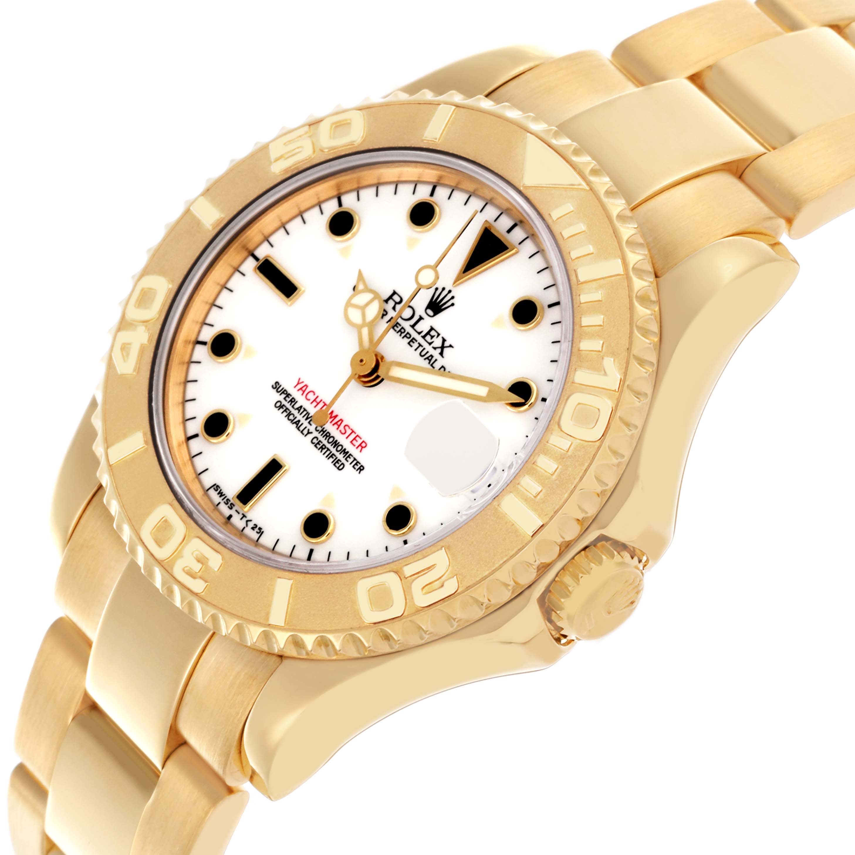 The Rolex Yacht-Master 68628 Men's Yellow Gold White Dial 68628 Men's Yellow Gold White Dial watch is shown at a slight angle, highlighting the face, bezel, crown, and part of the bracelet.