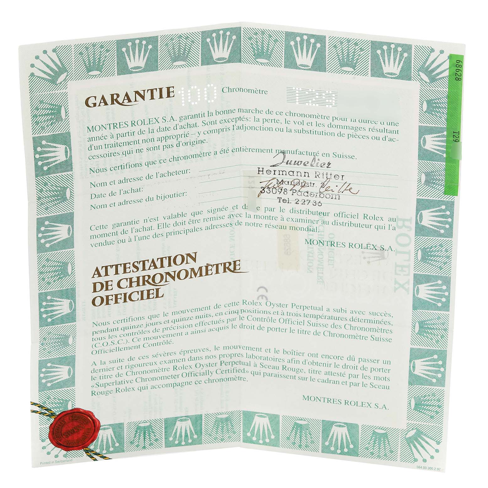 The image displays a warranty certificate for the Rolex Yacht-Master 68628 Men's Yellow Gold White Dial 68628 Men's Yellow Gold White Dial watch, featuring the brand's logo and official wording.