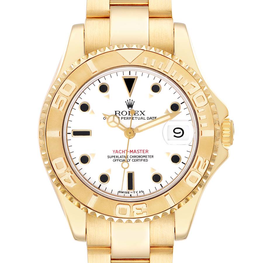 The Yacht-Master Rolex watch is shown from the front, displaying the face, bezel, case, and part of the bracelet.