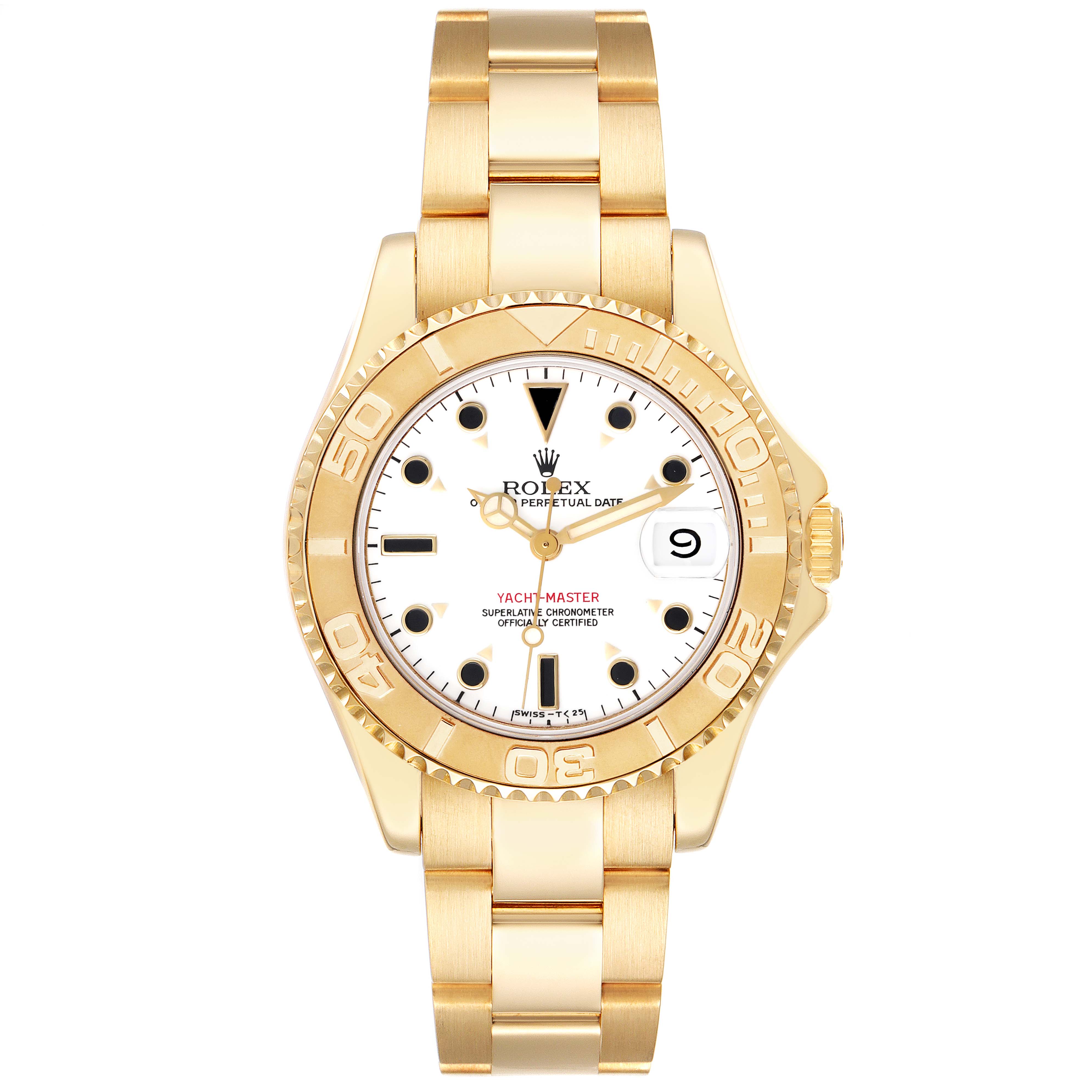 The Rolex Yacht-Master 68628 Men's Yellow Gold White Dial 68628 Men's Yellow Gold White Dial watch is shown from a front angle displaying the full bracelet, dial, and bezel.