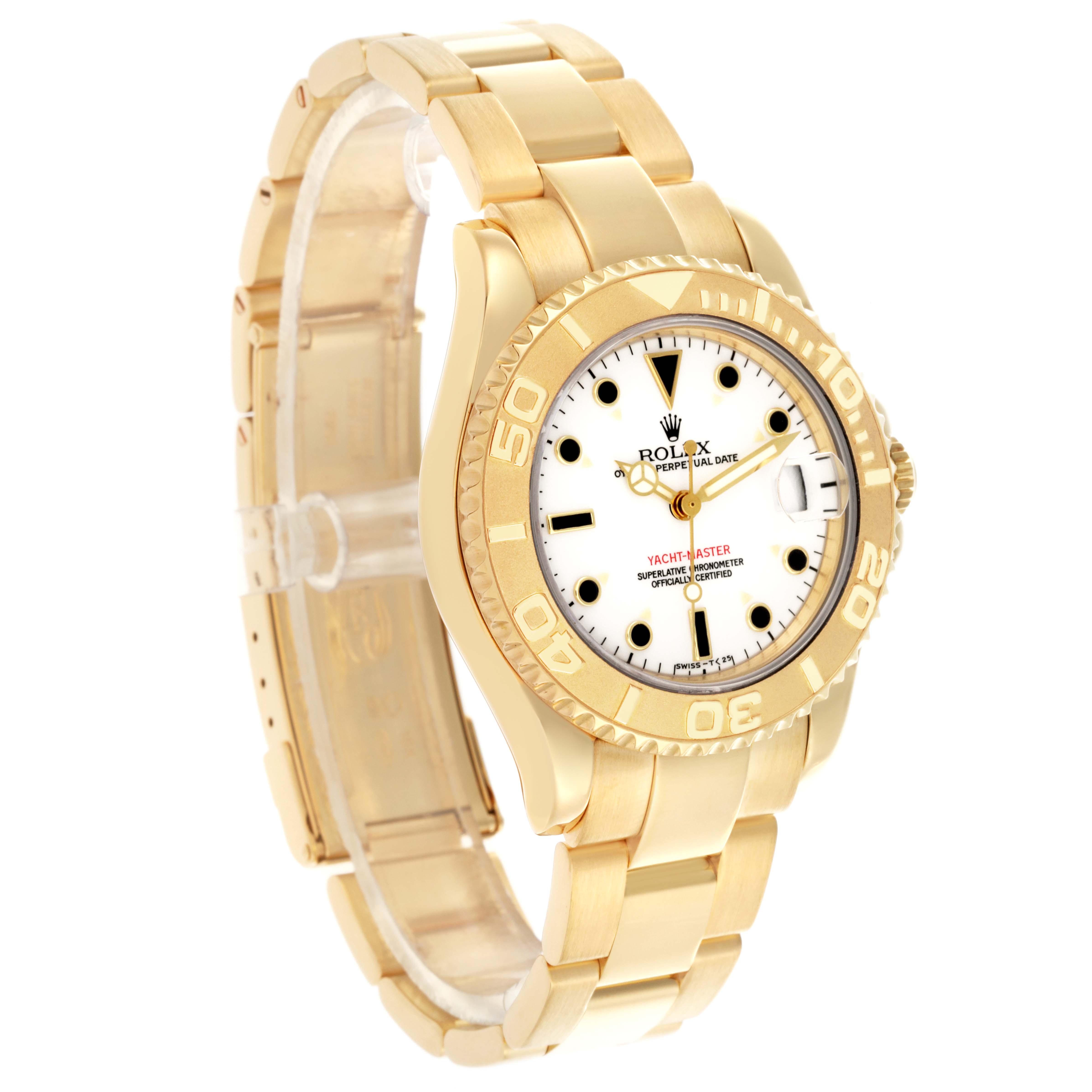 The image shows a Rolex Yacht-Master 68628 Men's Yellow Gold White Dial 68628 Men's Yellow Gold White Dial watch angled to display its gold band, bezel, and face.