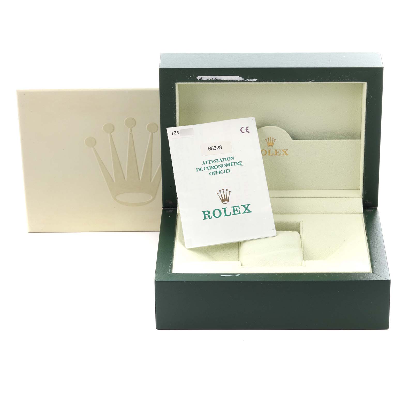 The image shows a Rolex Yacht-Master 68628 Men's Yellow Gold White Dial 68628 Men's Yellow Gold White Dial box, certificate, and outer box from a straight-on angle.