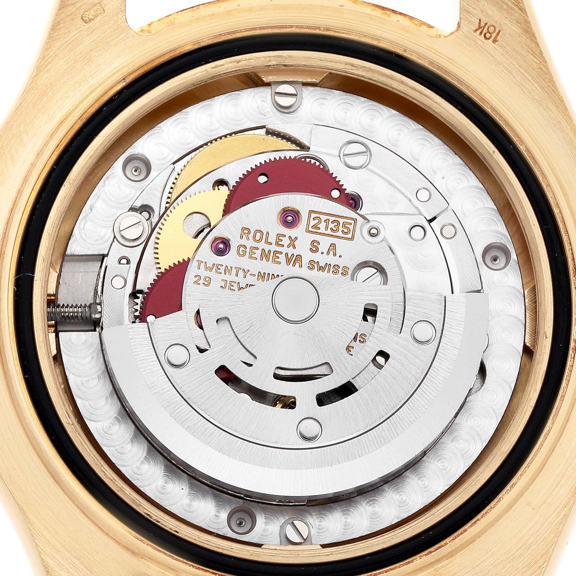 The image shows the back view of a Rolex Yacht-Master 68628 Men's Yellow Gold White Dial 68628 Men's Yellow Gold White Dial watch, displaying its internal mechanism.