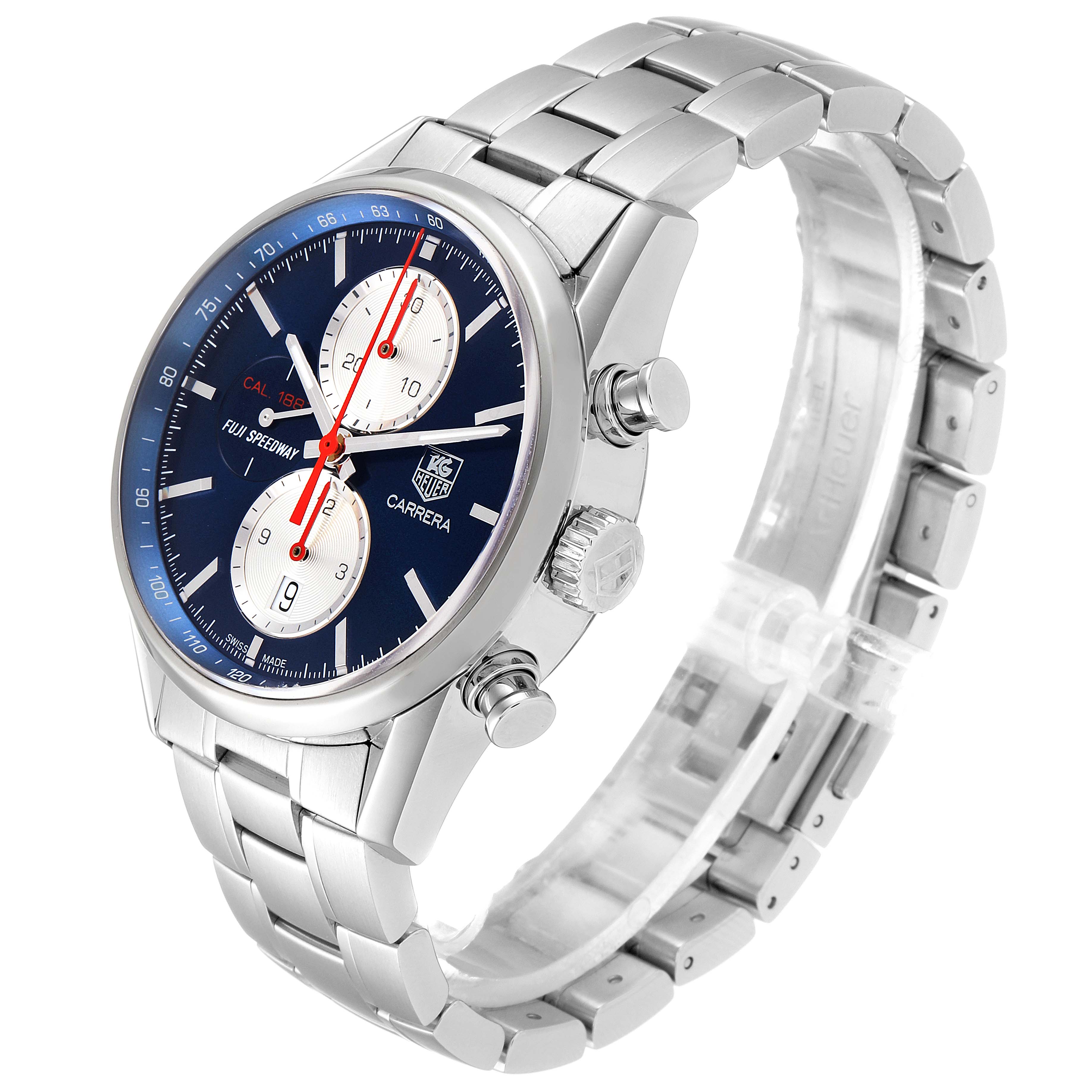 This image shows a Tag Heuer Carrera watch angled to display the face, bezel, crown, chronograph pushers, and bracelet.