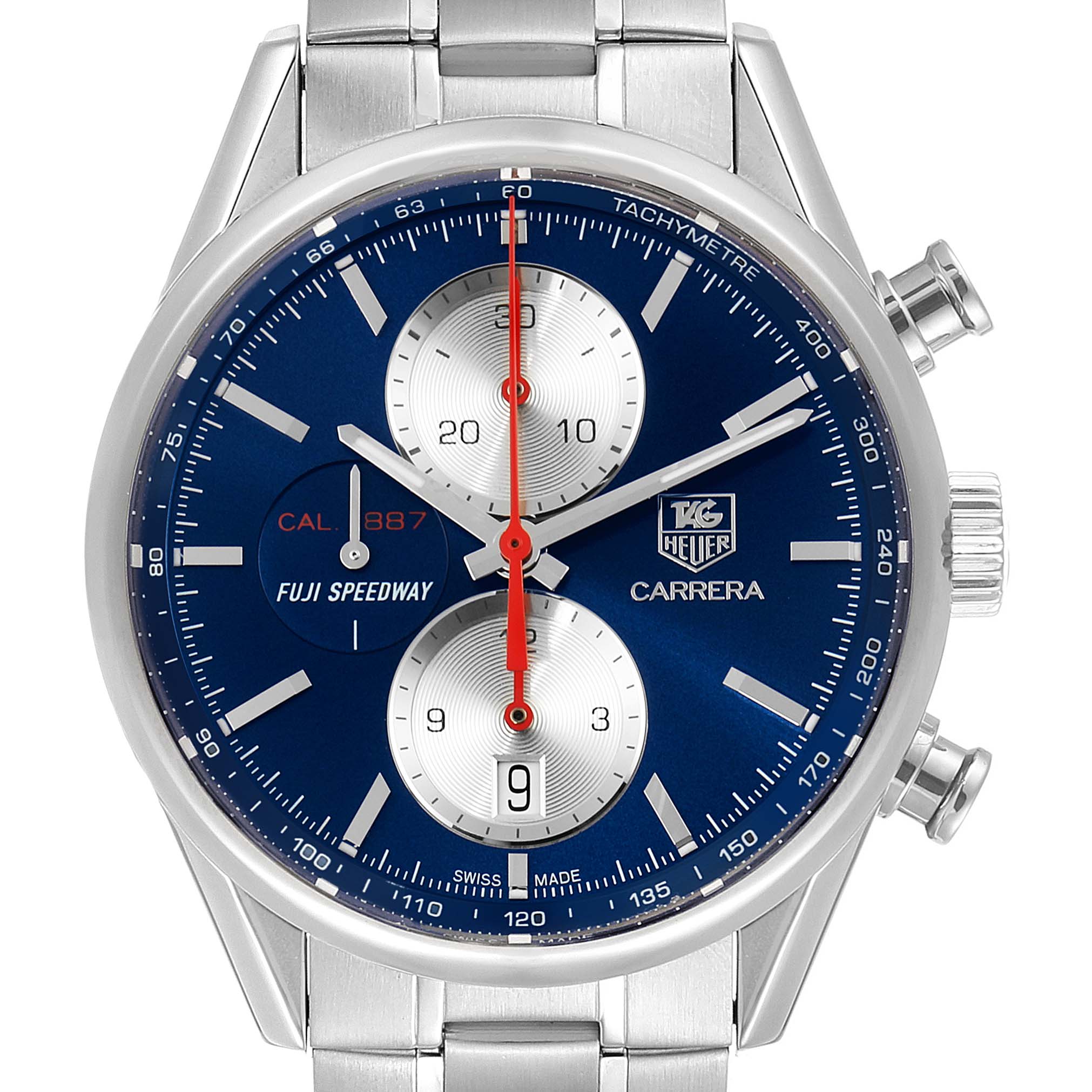 This image shows the front view of a Tag Heuer Carrera Limited Edition watch, displaying its dial, subdials, and tachymeter scale.