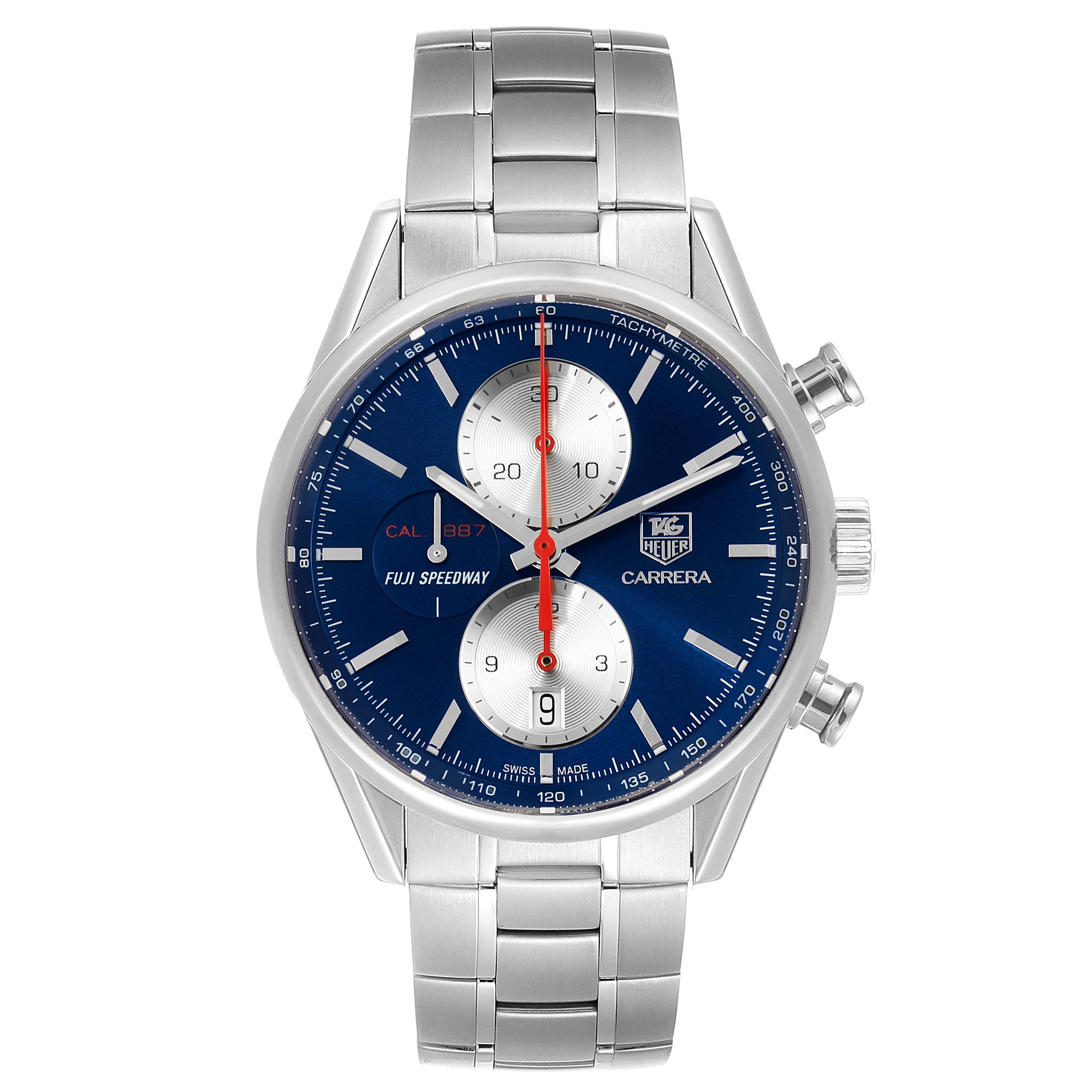 The image shows a front view of a Tag Heuer Carrera model watch, highlighting its dial, chronograph subdials, and stainless steel bracelet.