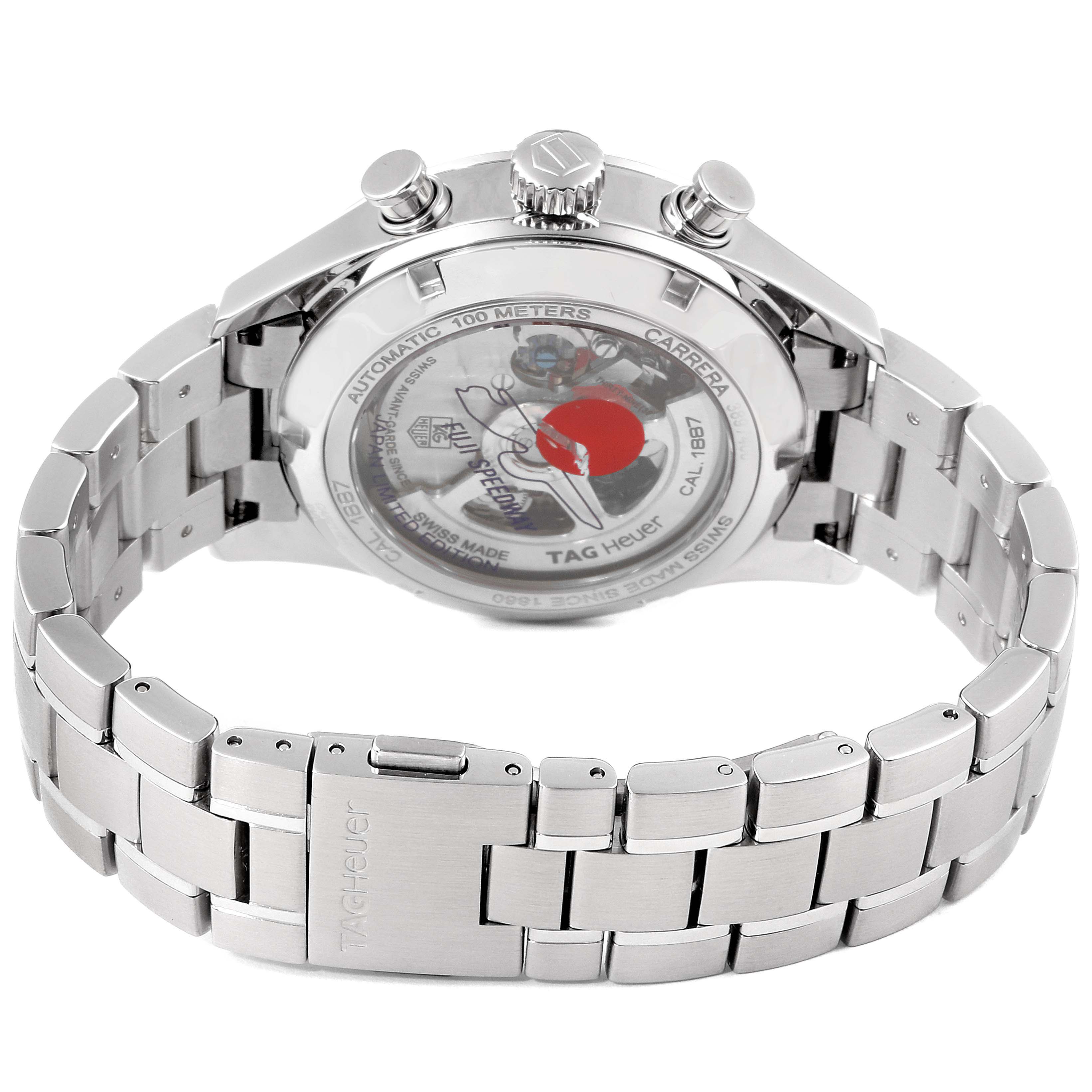 The image shows the back view of the Tag Heuer Carrera watch, highlighting the stainless steel bracelet and transparent case back.