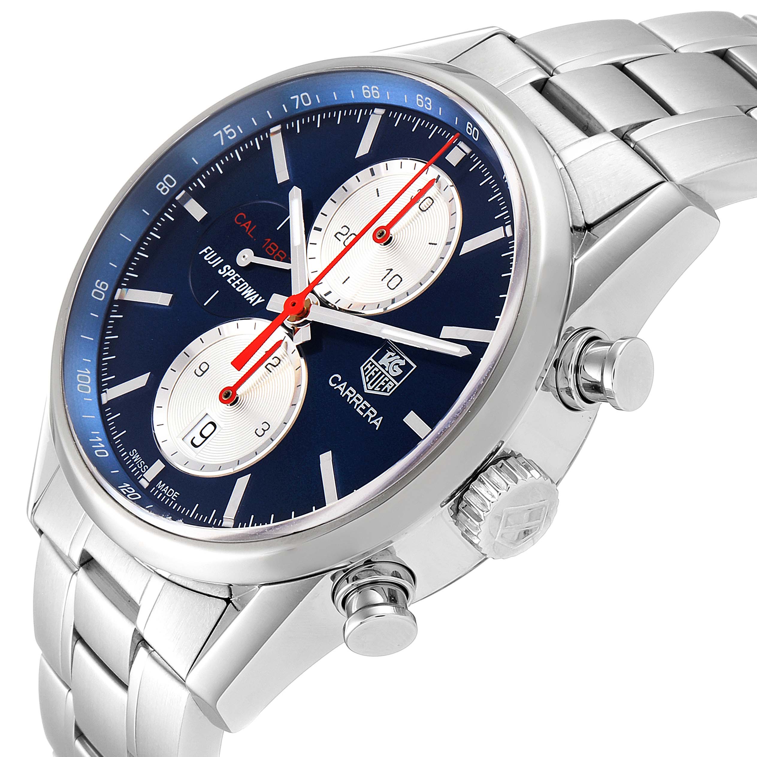 The image shows a Tag Heuer Carrera watch viewed at an angle highlighting the dial, pushers, and crown.