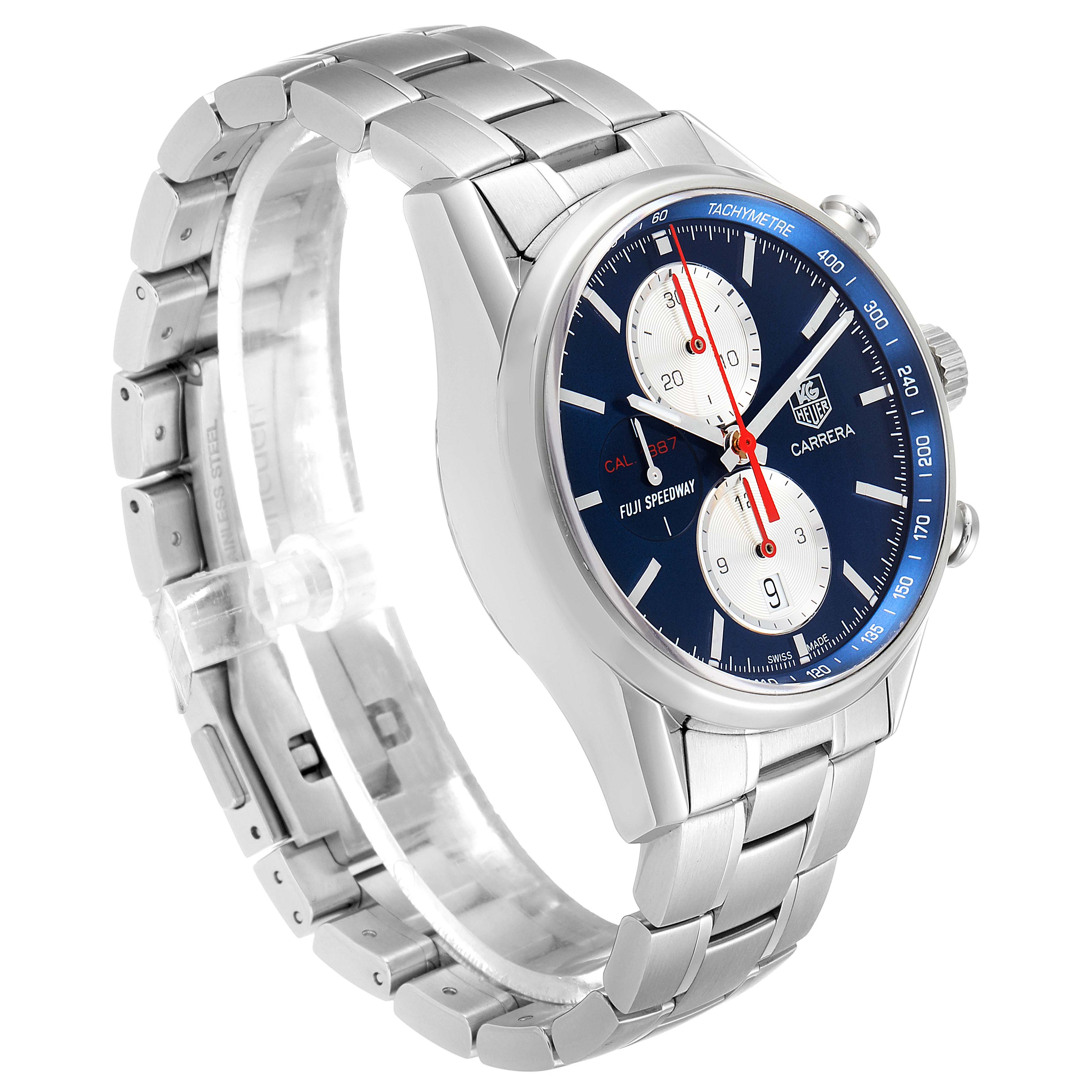This image shows a side and partial front view of a Tag Heuer Carrera watch, highlighting the bracelet, bezel, and chronograph dials.