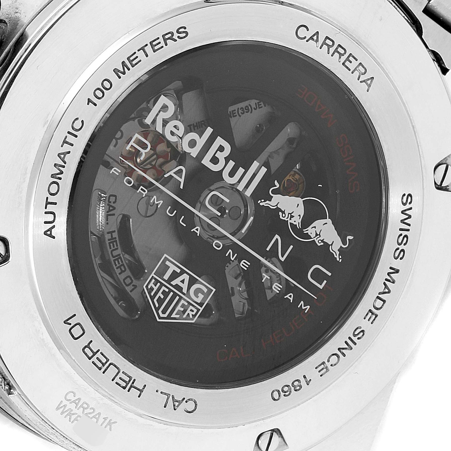 The image shows the back of a Tag Heuer Carrera CAR2A1K.BA0703 Men
s Stainless Steel Blue Dial CAR2A1K.BA0703 Men
s Stainless Steel Blue Dial watch, highlighting the Red Bull Racing design and internal mechanism.