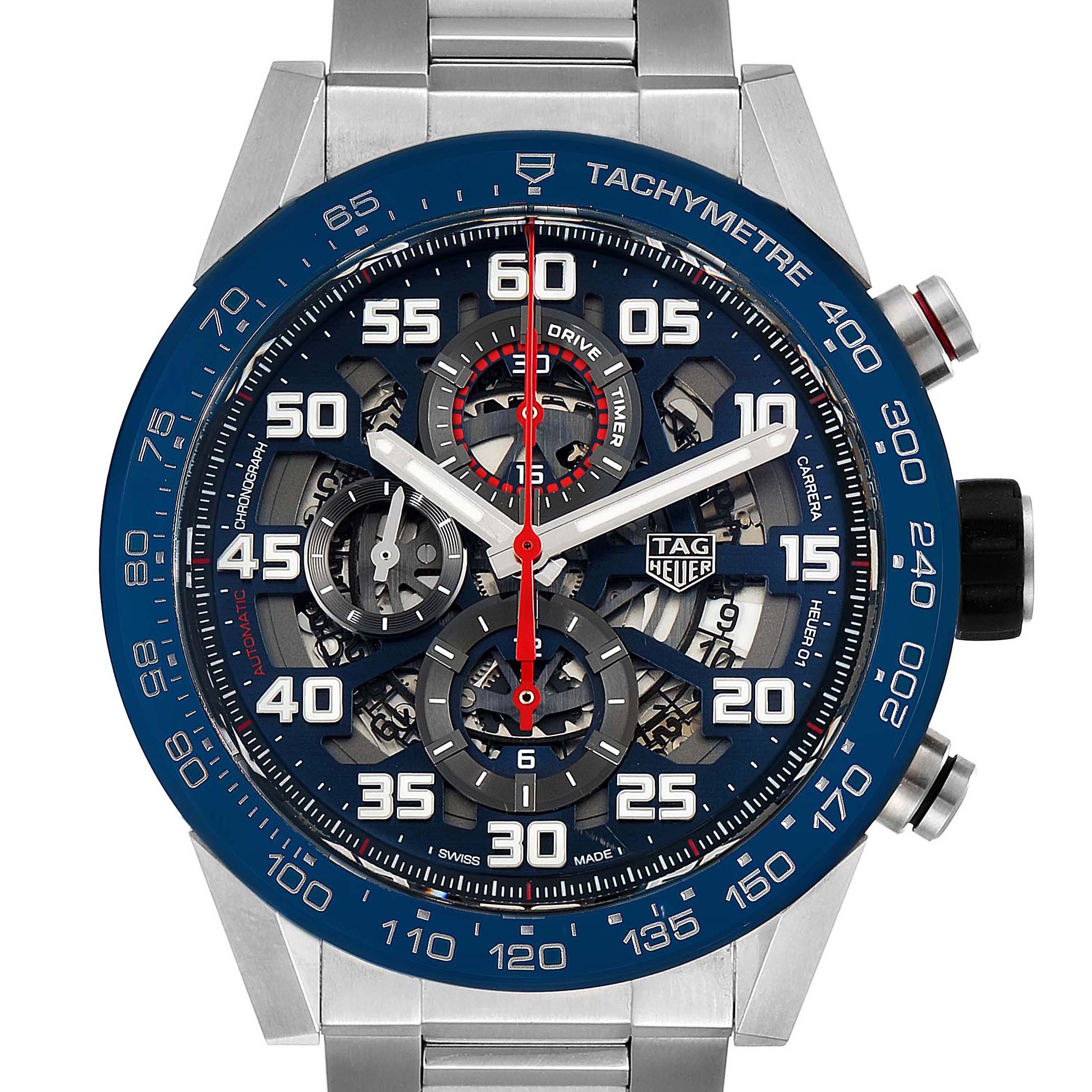 This Tag Heuer Carrera CAR2A1K.BA0703 Men
s Stainless Steel Blue Dial CAR2A1K.BA0703 Men
s Stainless Steel Blue Dial watch is shown from a front angle, highlighting its dial, bezel, chronograph subdials, and bracelet.