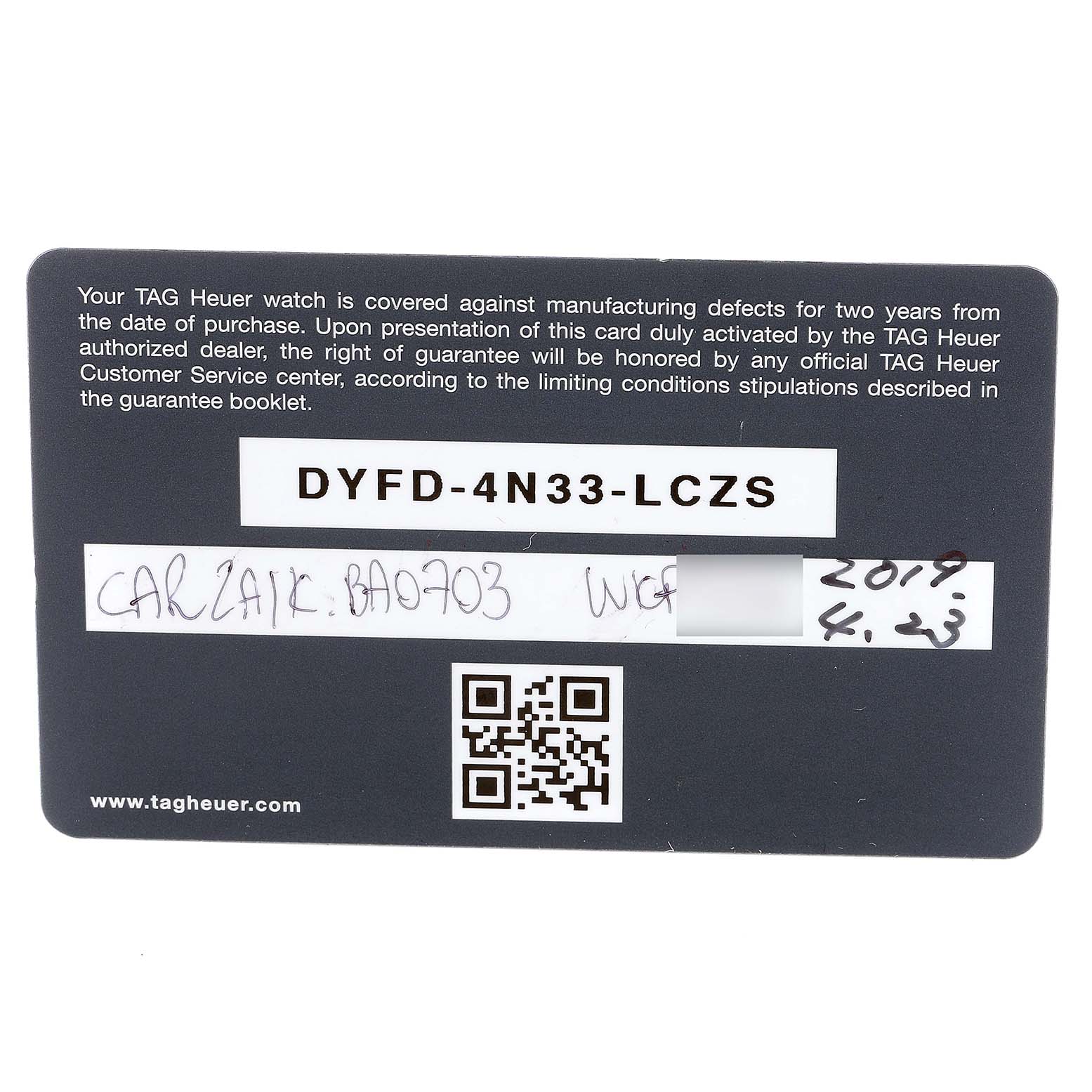 This image shows the warranty card for a Tag Heuer Carrera CAR2A1K.BA0703 Men
s Stainless Steel Blue Dial CAR2A1K.BA0703 Men
s Stainless Steel Blue Dial watch with model information and a QR code.