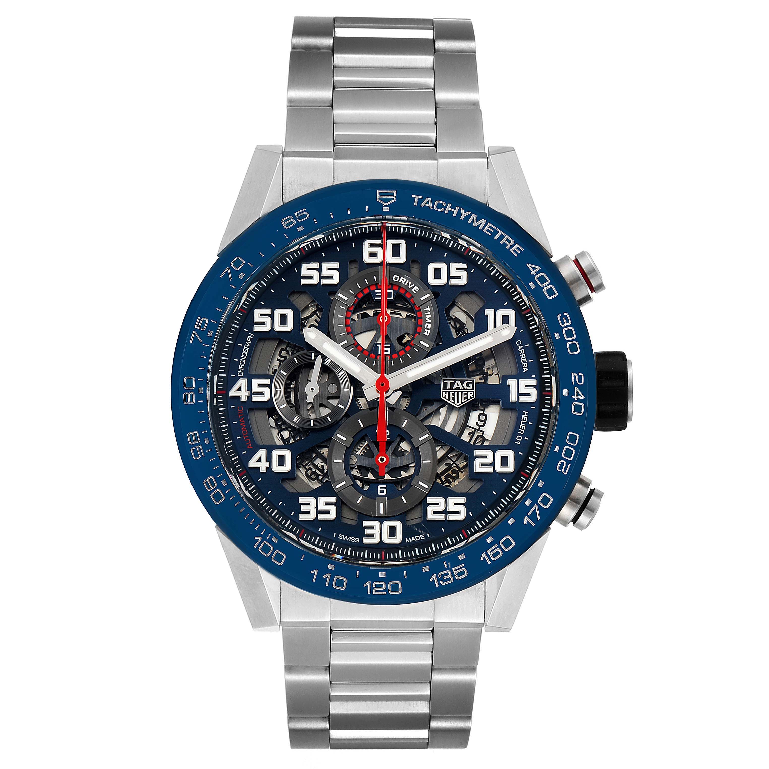 This image shows a frontal view of the dial, bezel, and bracelet of the Tag Heuer Carrera CAR2A1K.BA0703 Men
s Stainless Steel Blue Dial CAR2A1K.BA0703 Men
s Stainless Steel Blue Dial watch.