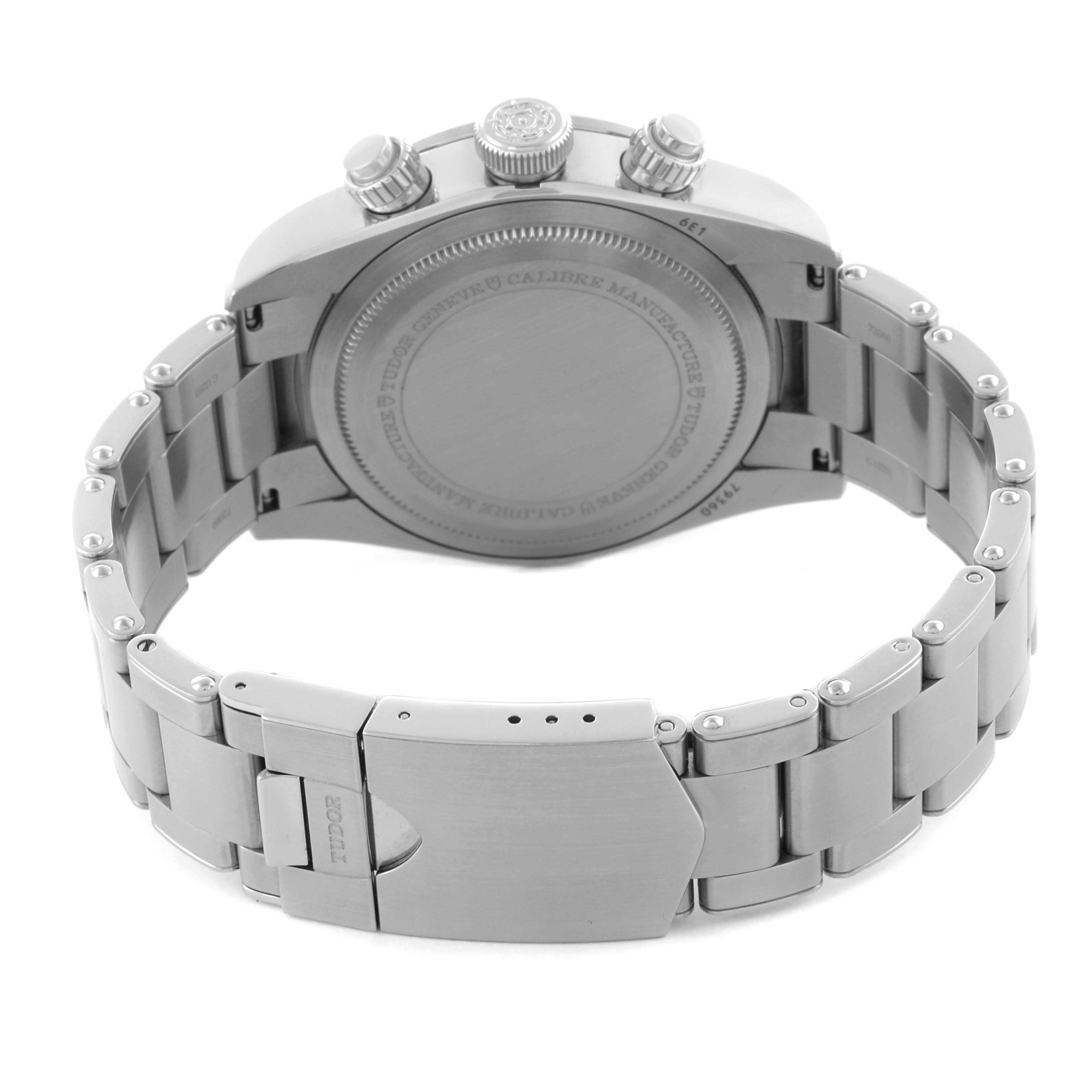 The image shows the back view of the Tudor Heritage Chrono M79360N-002 Men's Stainless Steel Silver Dial M79360N-002 Men's Stainless Steel Silver Dial watch, highlighting the case back, bracelet, and clasp.