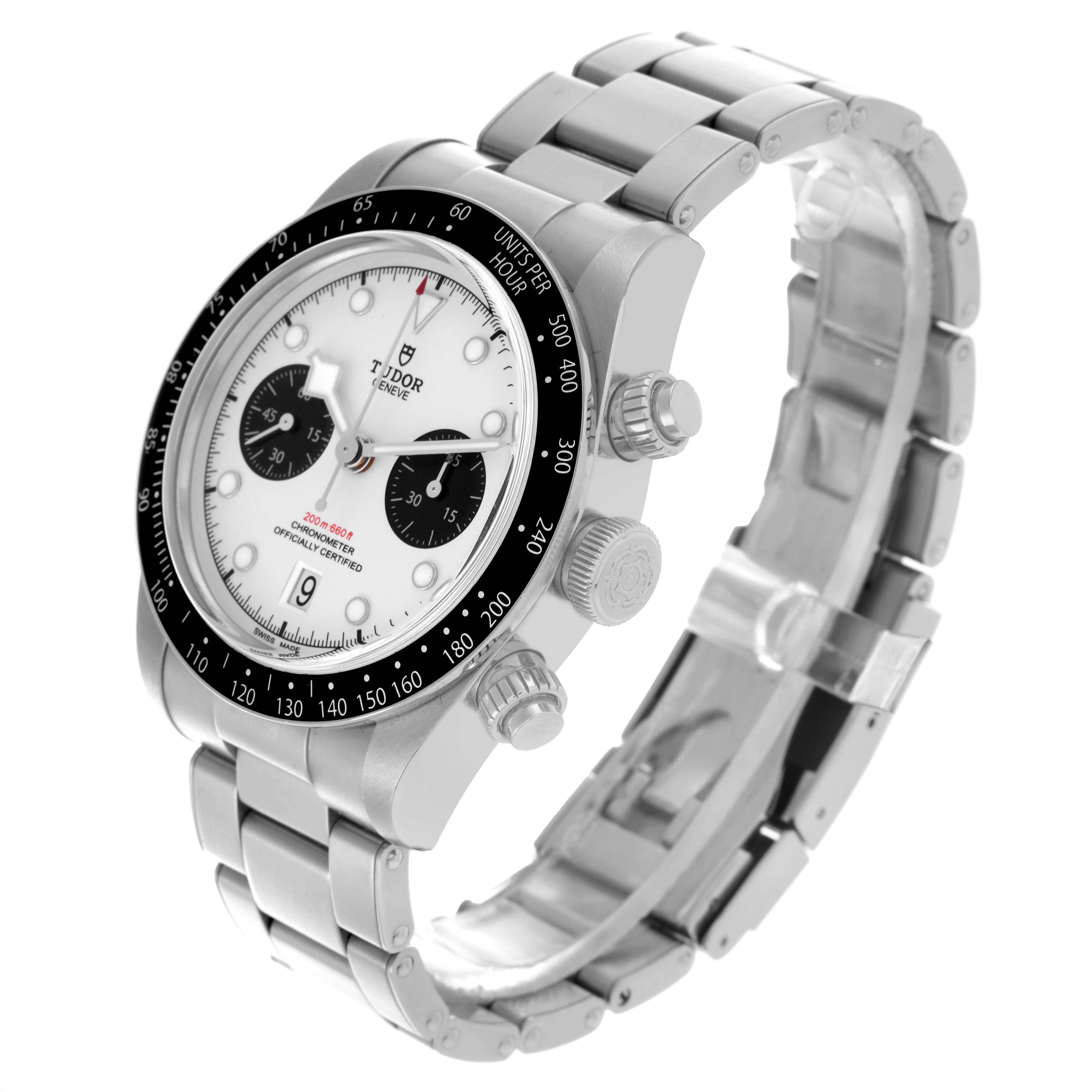 The Tudor Heritage Chrono M79360N-002 Men's Stainless Steel Silver Dial M79360N-002 Men's Stainless Steel Silver Dial watch is shown at a three-quarter angle, displaying the face, bezel, crown, and stainless steel bracelet.