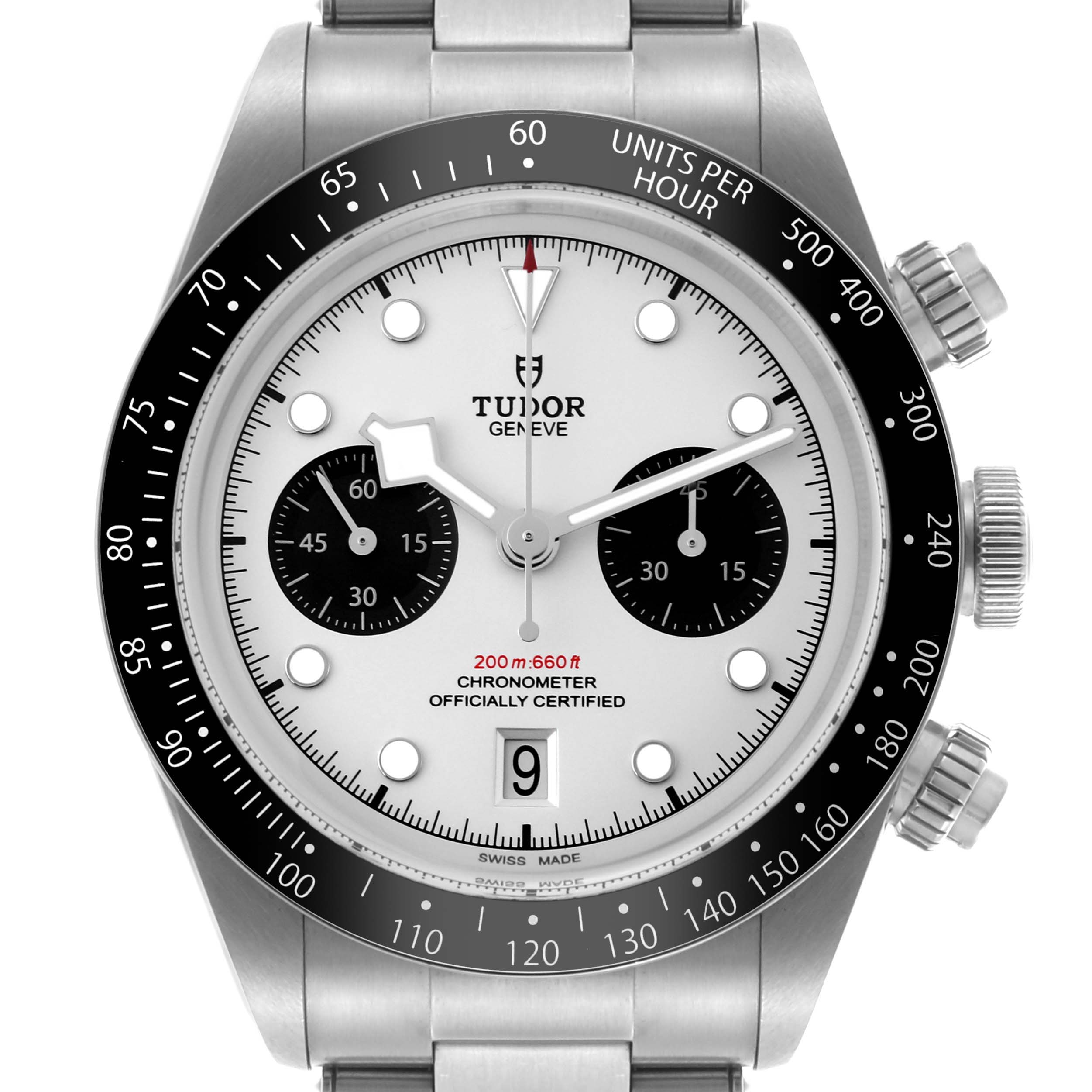 The Tudor Heritage Chrono M79360N-002 Men's Stainless Steel Silver Dial M79360N-002 Men's Stainless Steel Silver Dial watch is shown from the front, highlighting its dial, subdials, and bezel.