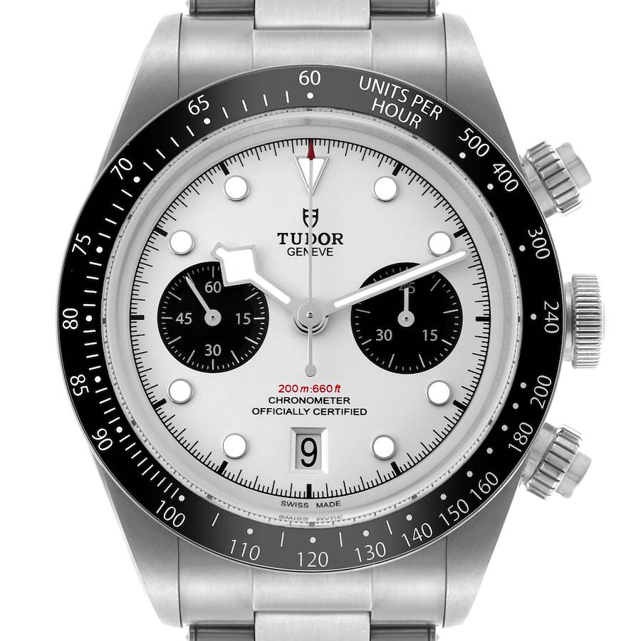 The Tudor Heritage Chrono watch is shown from the front, highlighting its dial, subdials, and bezel.