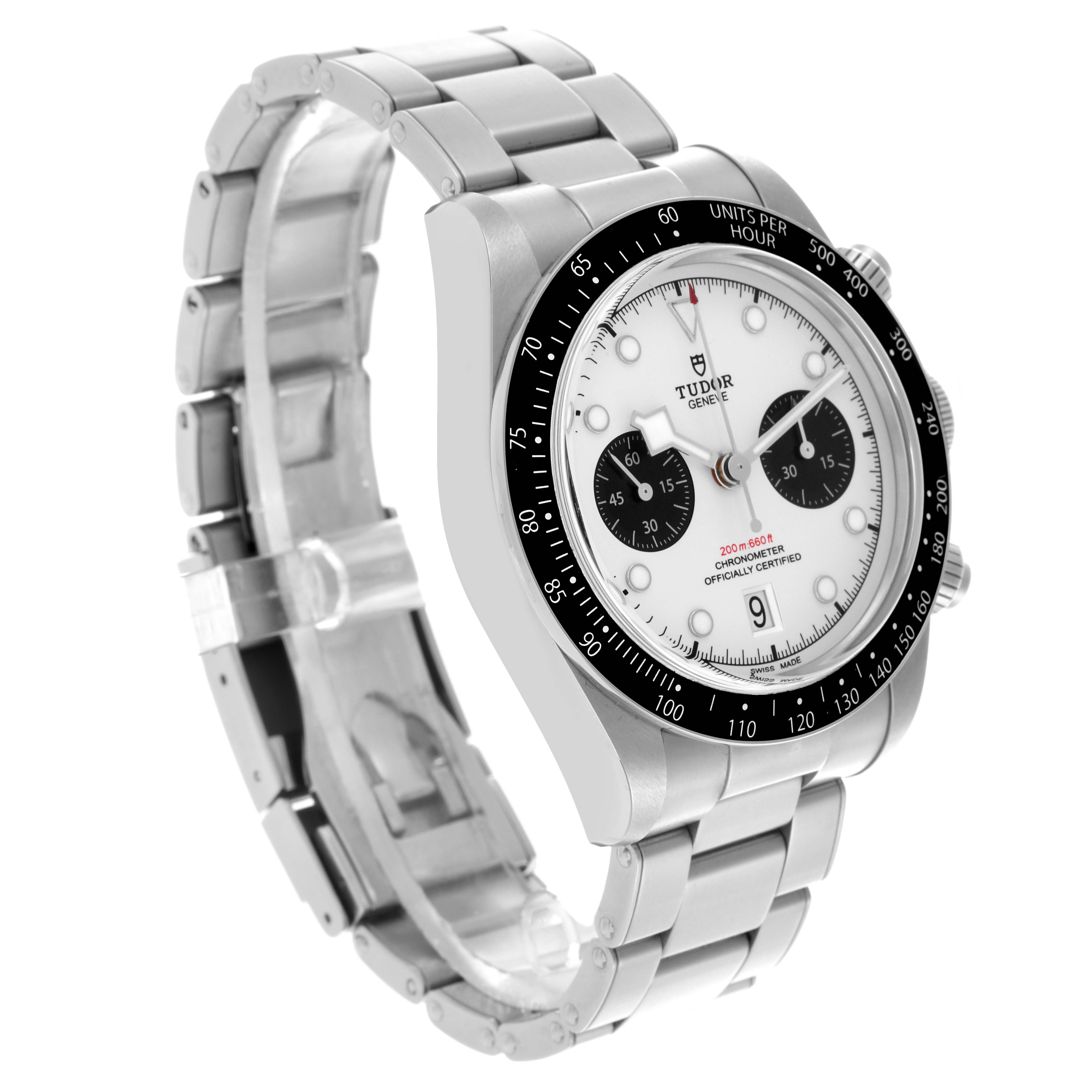 The Tudor Heritage Chrono M79360N-002 Men's Stainless Steel Silver Dial M79360N-002 Men's Stainless Steel Silver Dial watch is shown from a side angle, highlighting the face, bezel, and bracelet.